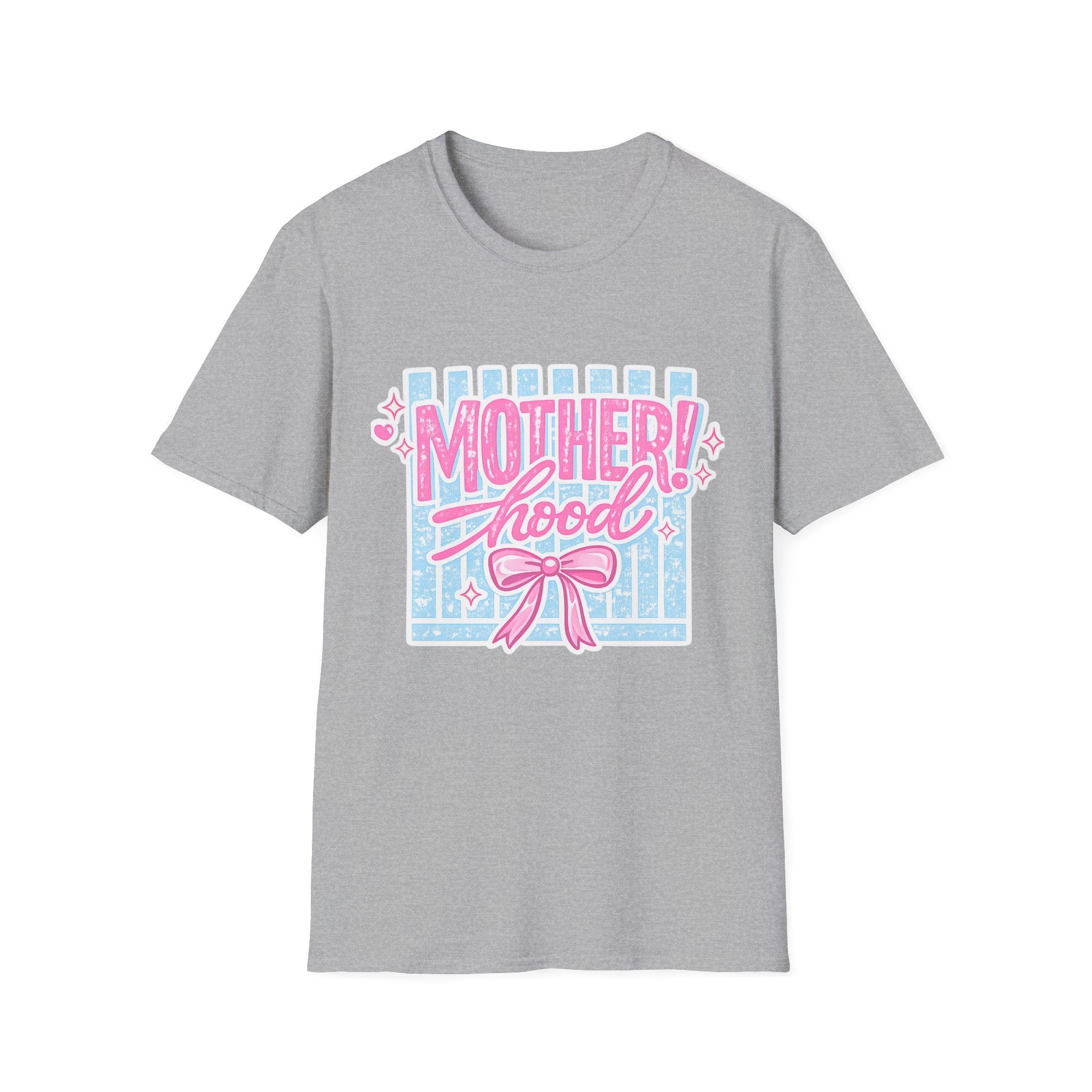 Motherhood Retro Tee — "Mother!hood" Pink & Blue Graphic T-Shirt for New Moms