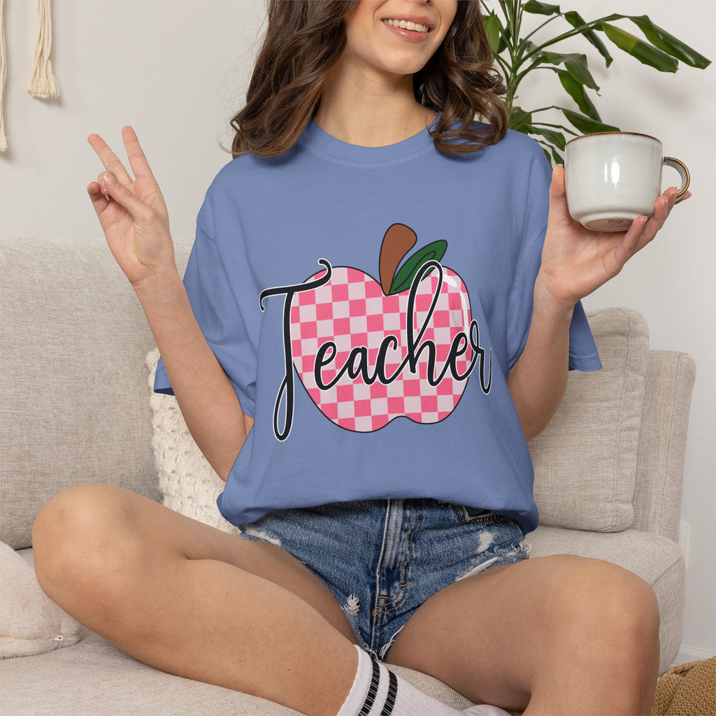 Teacher Apple T-Shirt — Pink Checkered Apple Teacher Tee