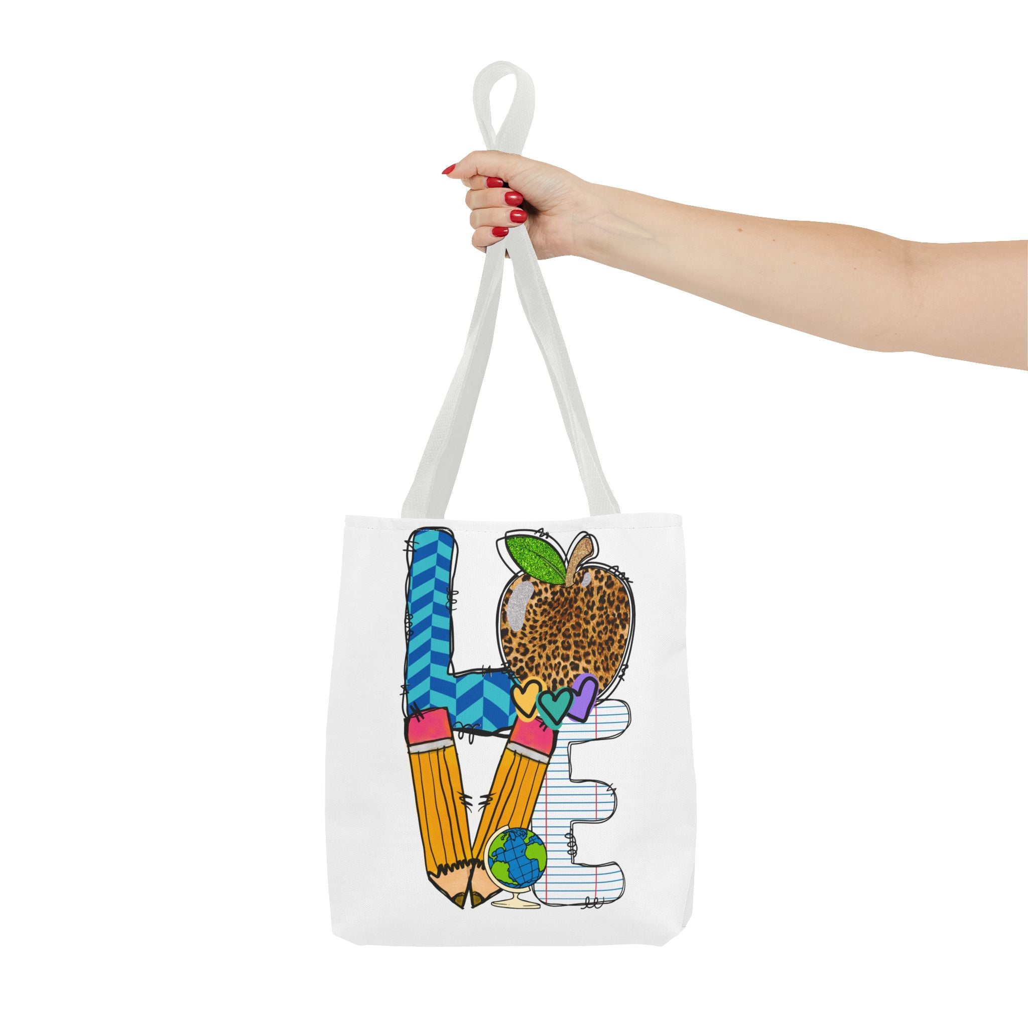 Love Teacher Tote Bag — Colorful School Apple & Pencil AOP Tote
