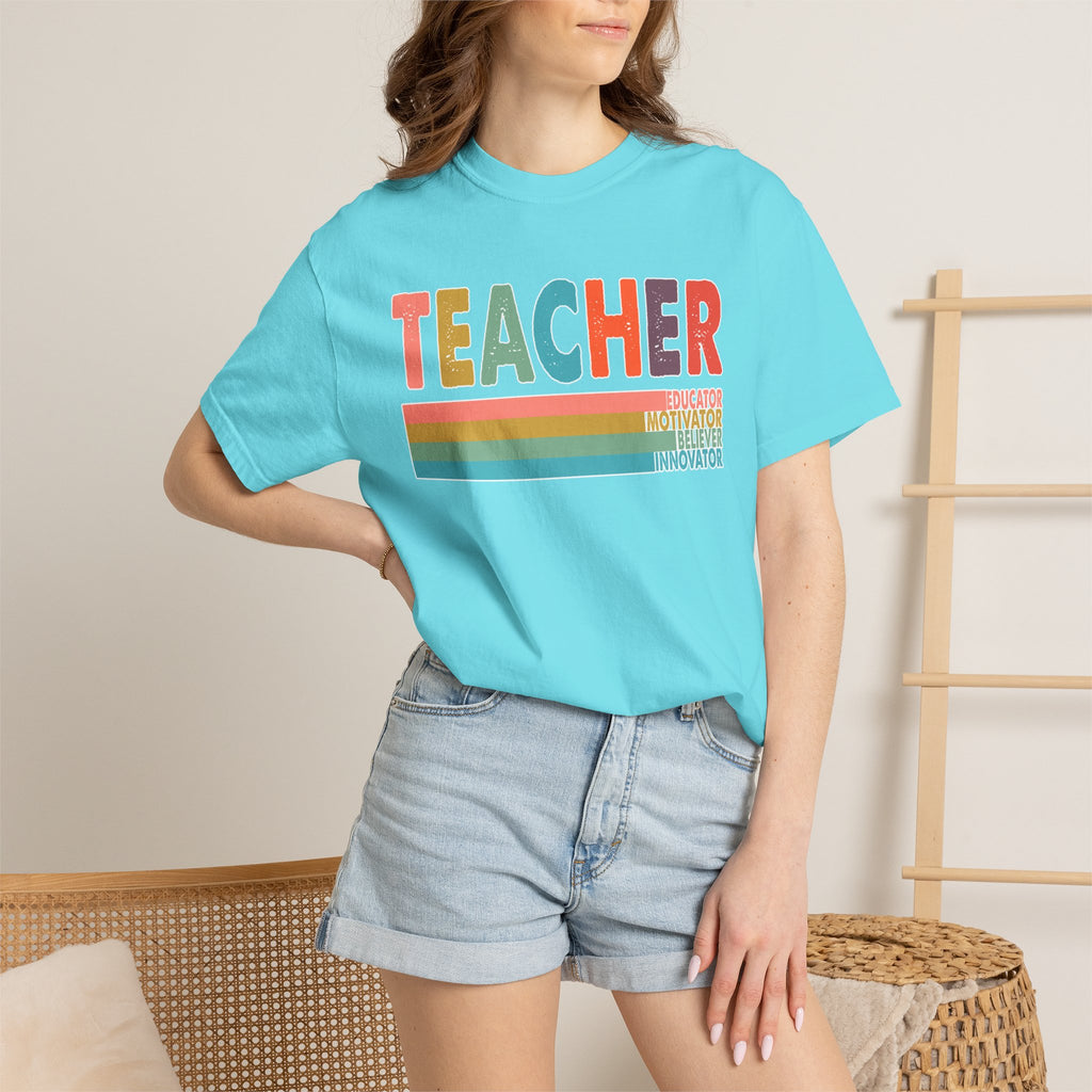 Teacher Rainbow Stripes T-Shirt — Retro Colorful Educator Tee