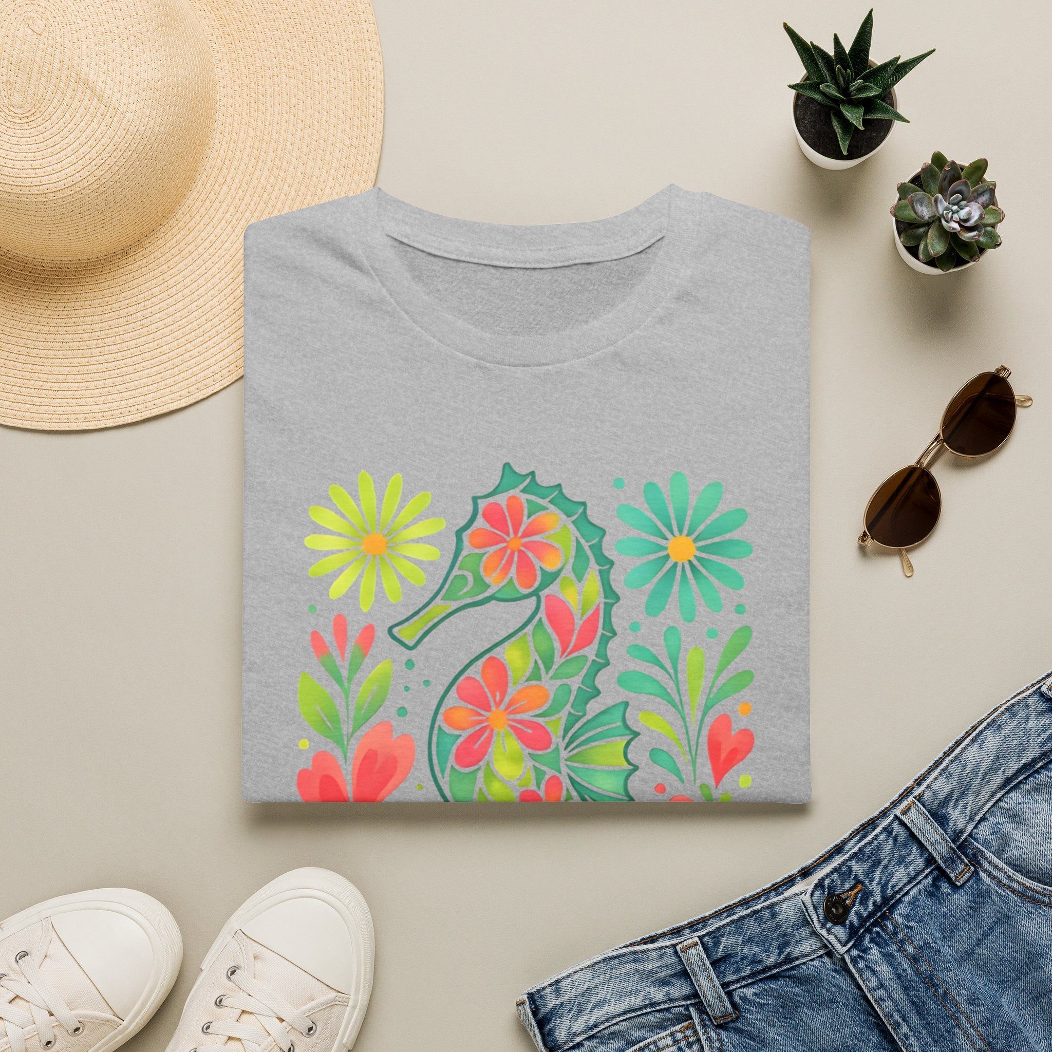 Floral Seahorse T-Shirt — Colorful Tropical Sea Life Tee
