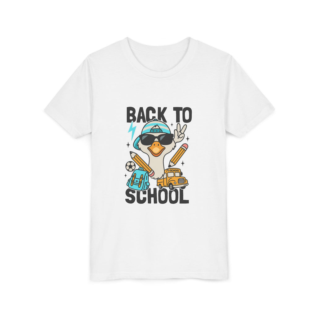 Back to School Duck Youth Tee — Cute Kids School Shirt with Backpack, Bus & Pencil Design