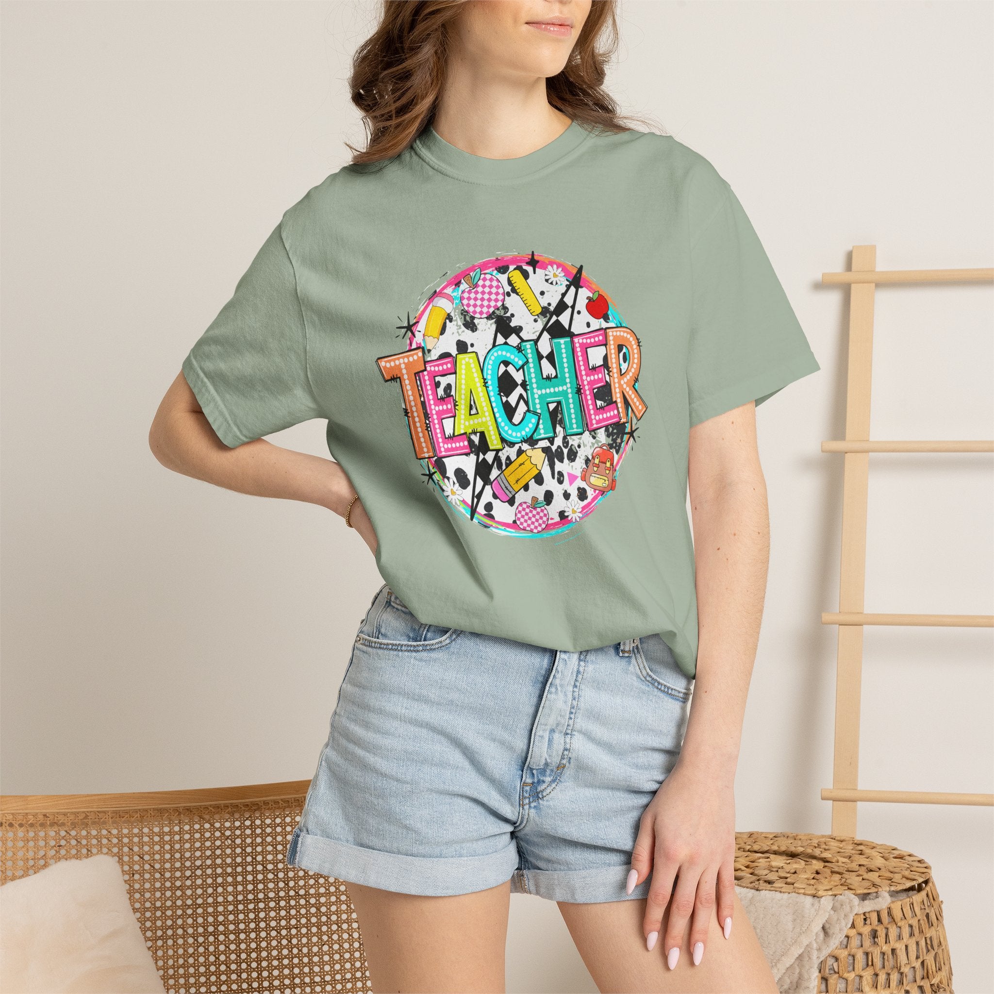 Teacher Graphic T-Shirt — Colorful School Supplies Design