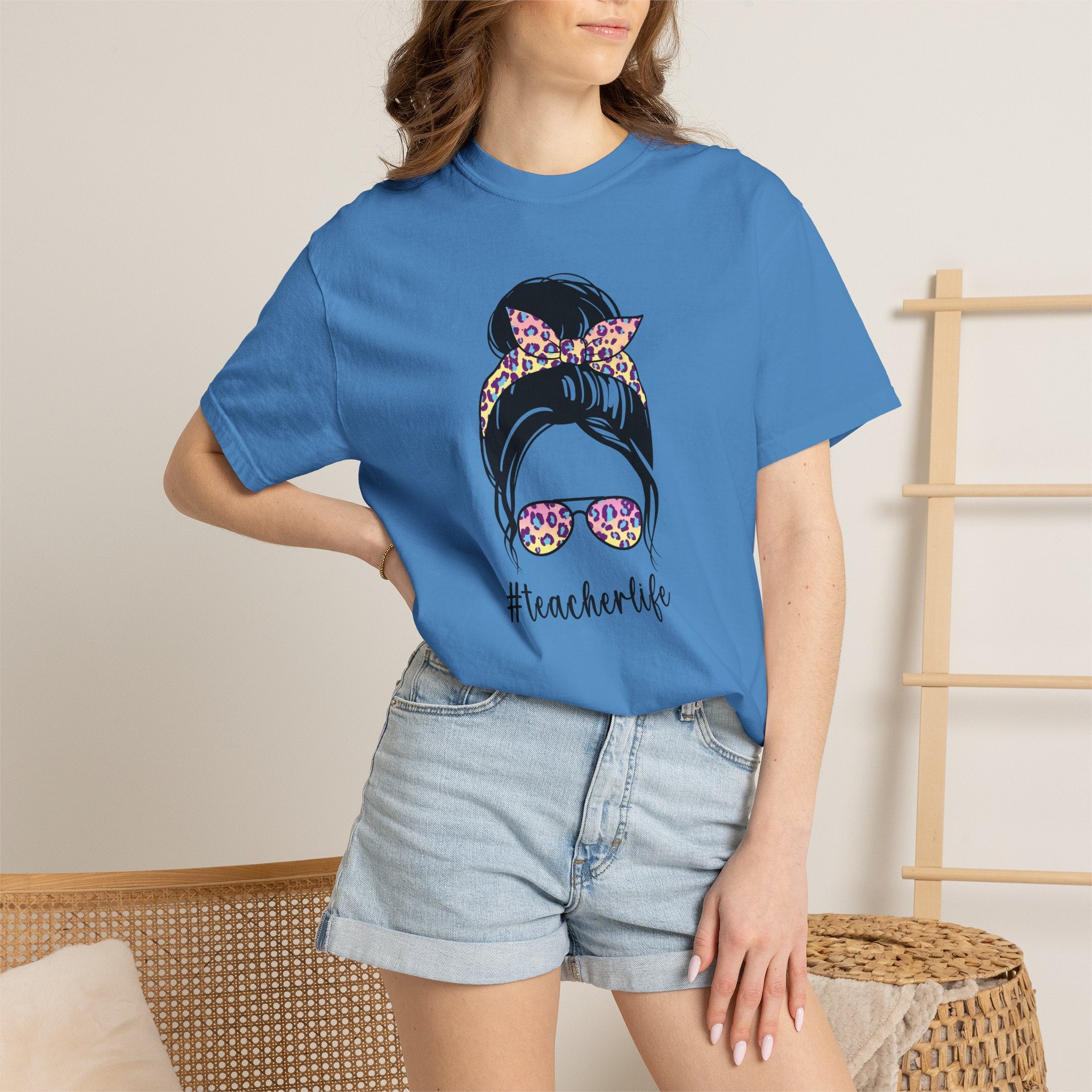 Teacher Life Floral Messy Bun T-Shirt