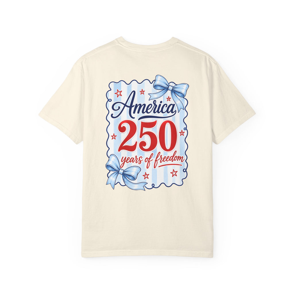 America 250 Years of Freedom T-Shirt — Patriotic 4th of July Tee with Blue Ribbon Design