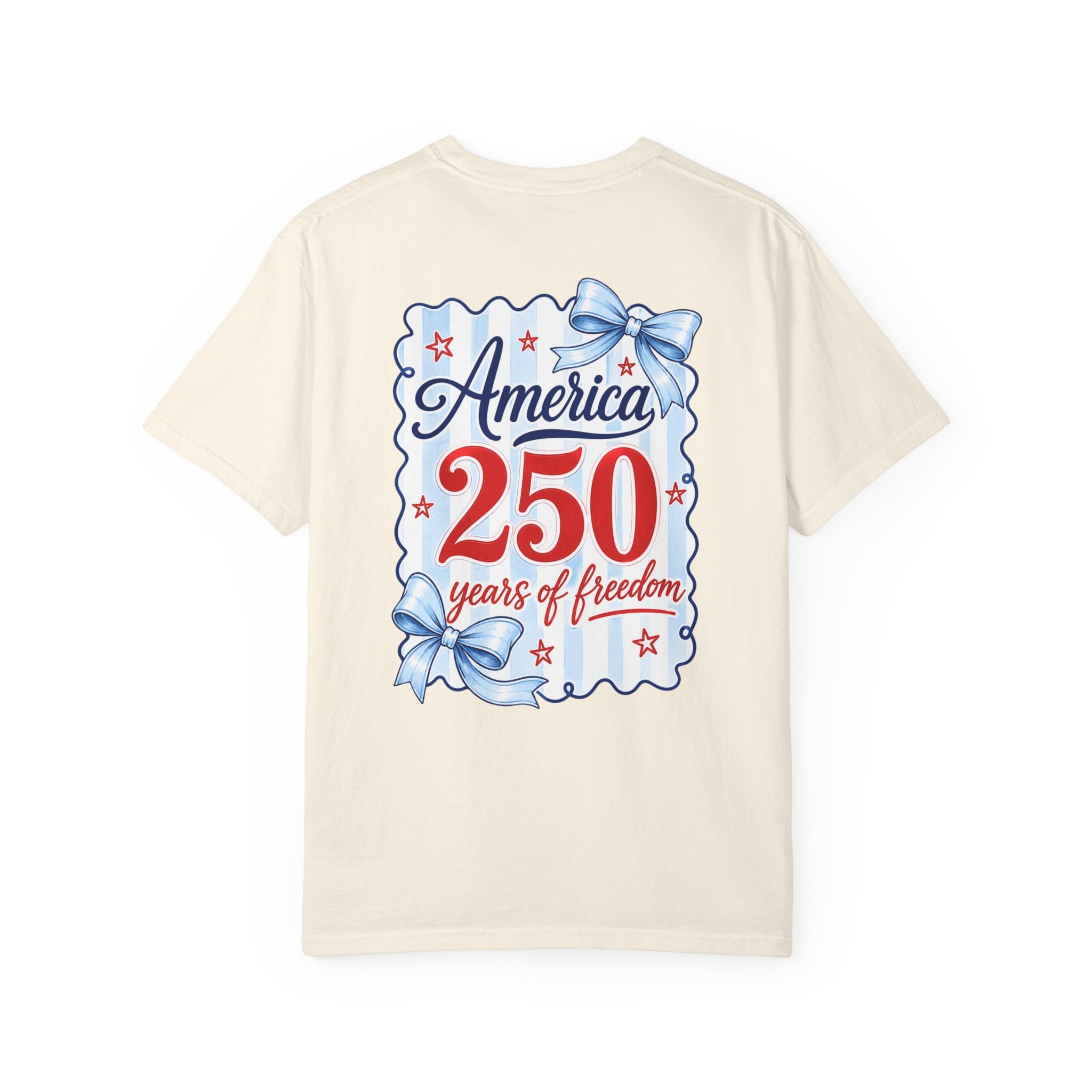America 250 Years of Freedom T-Shirt — Patriotic 4th of July Tee with Blue Ribbon Design