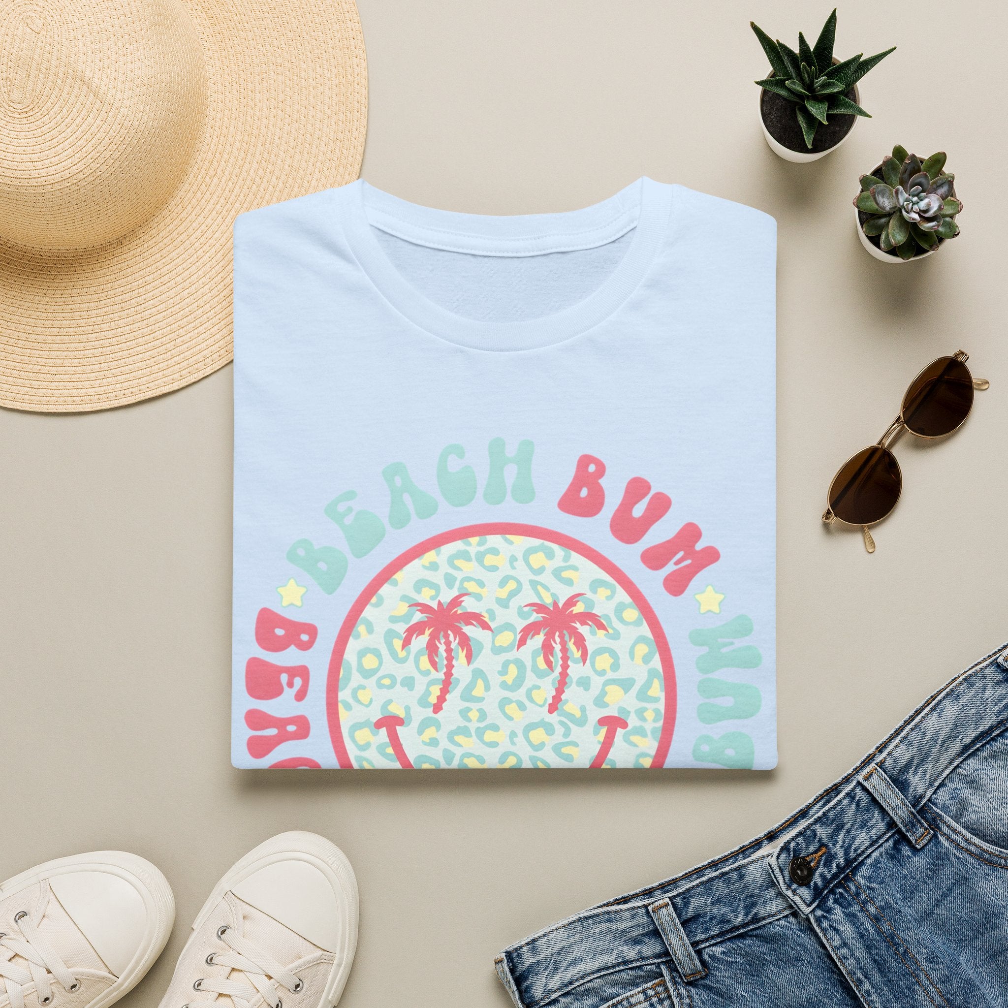 Beach Bum Smiley T-Shirt — Pastel Palm Tree Graphic
