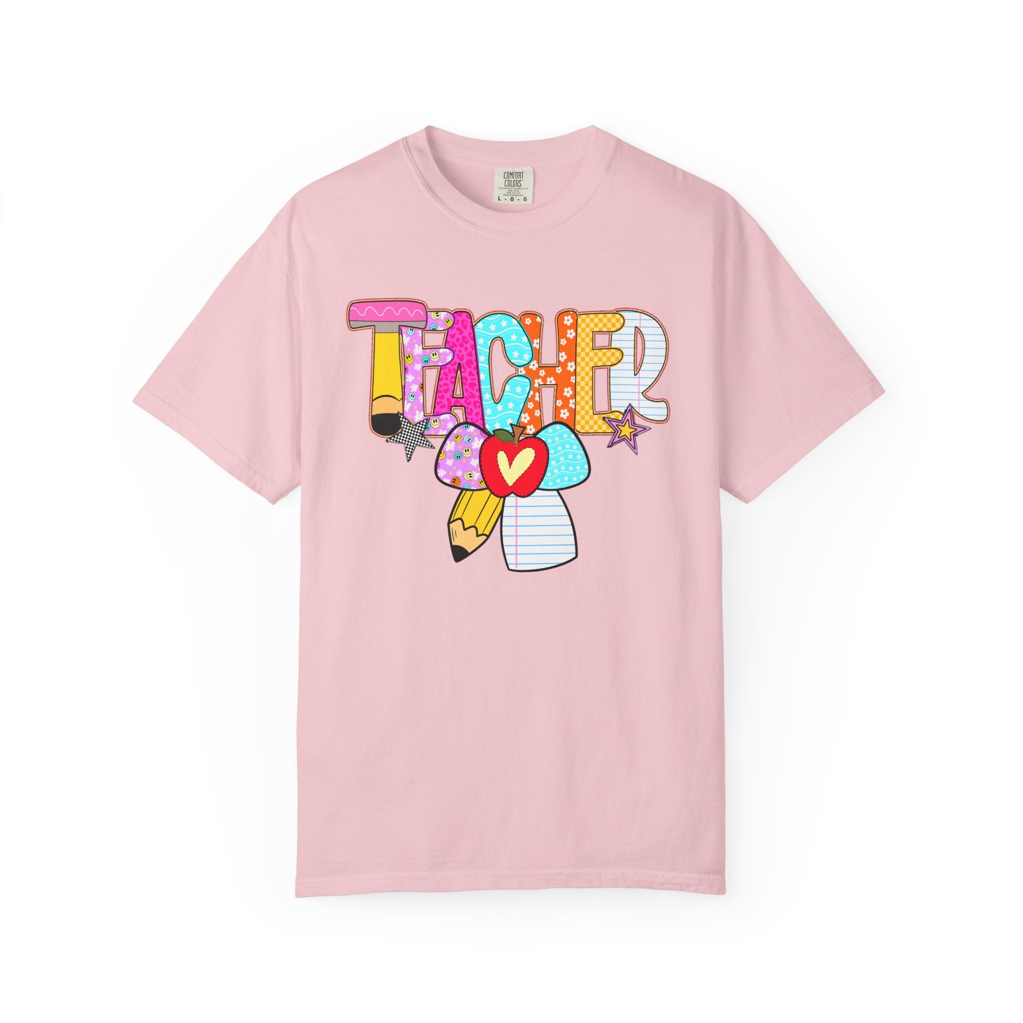 Teacher Doodle Graphic T‑Shirt — Colorful Pencil & Apple School Design