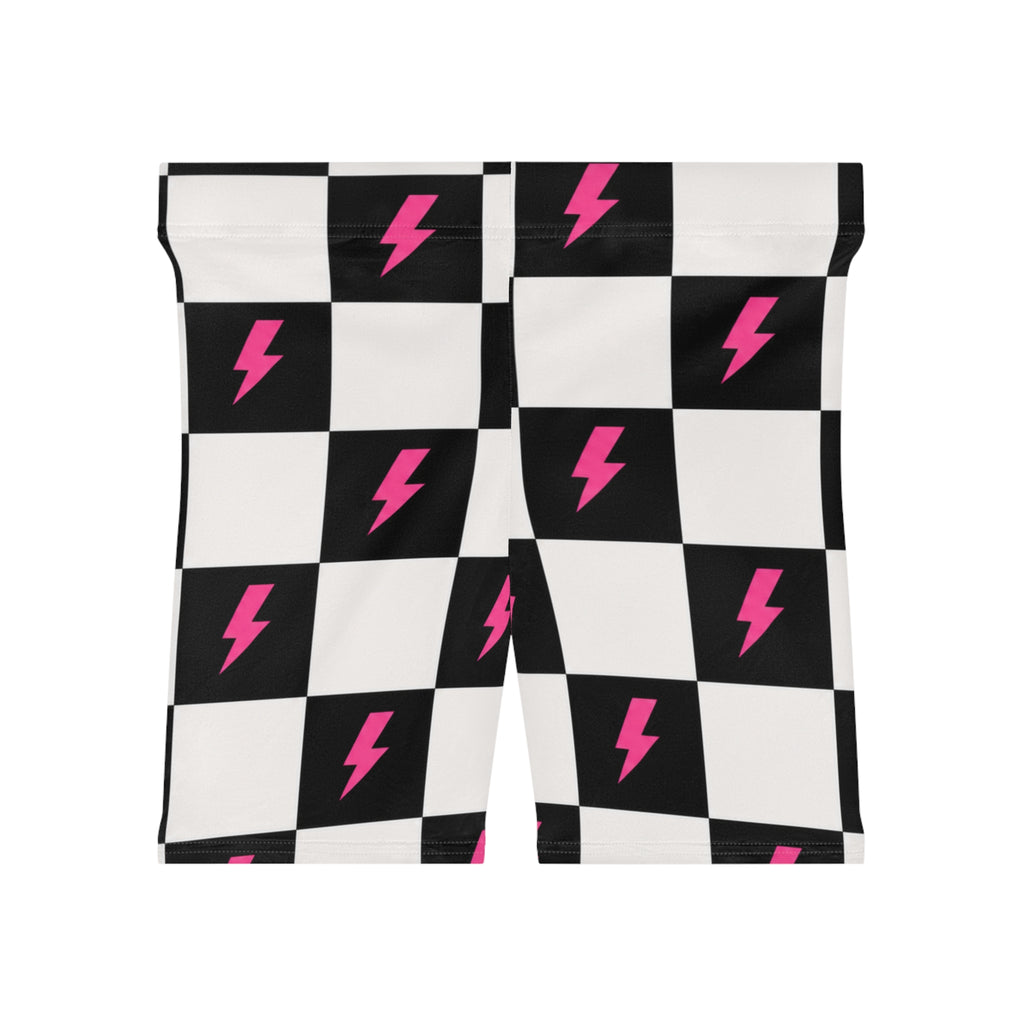 Checkerboard Lightning Biker Shorts — Pink Bolt Pattern