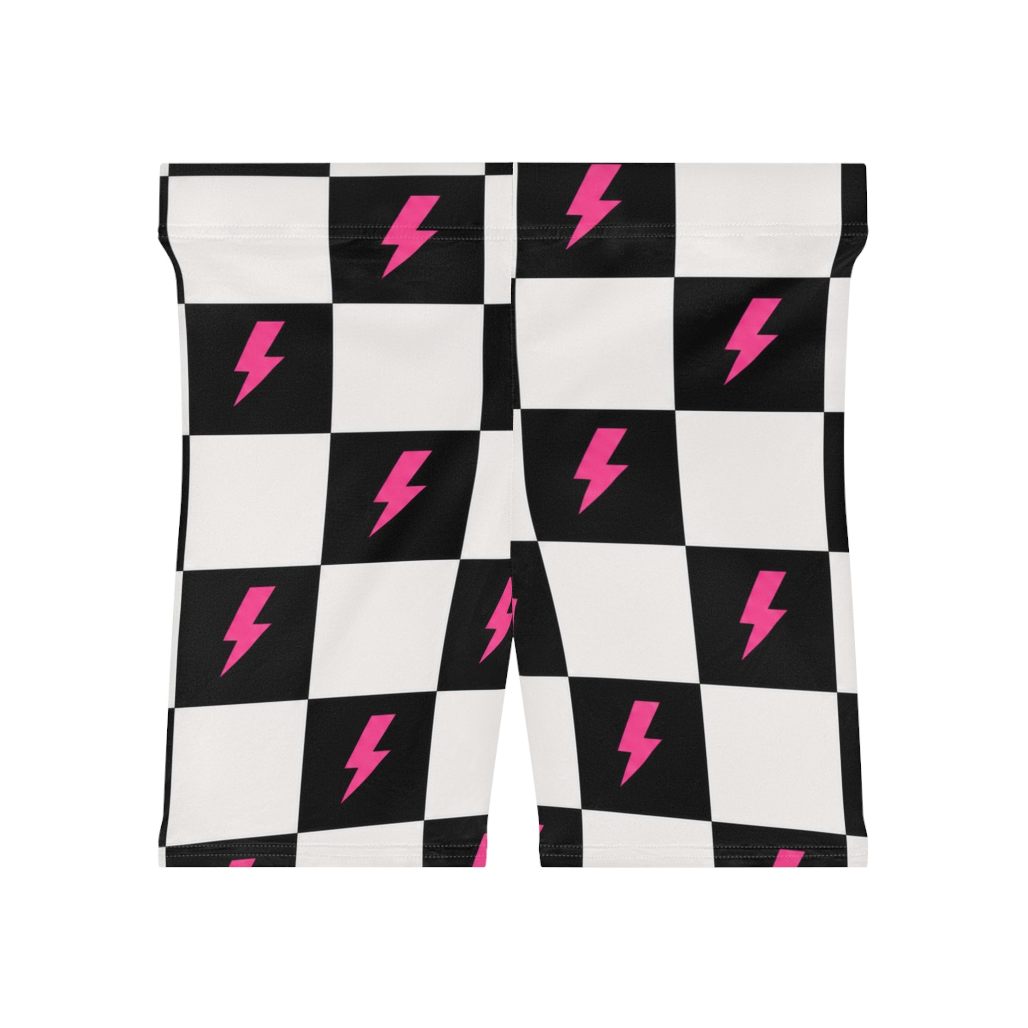 Checkerboard Lightning Biker Shorts — Pink Bolt Pattern