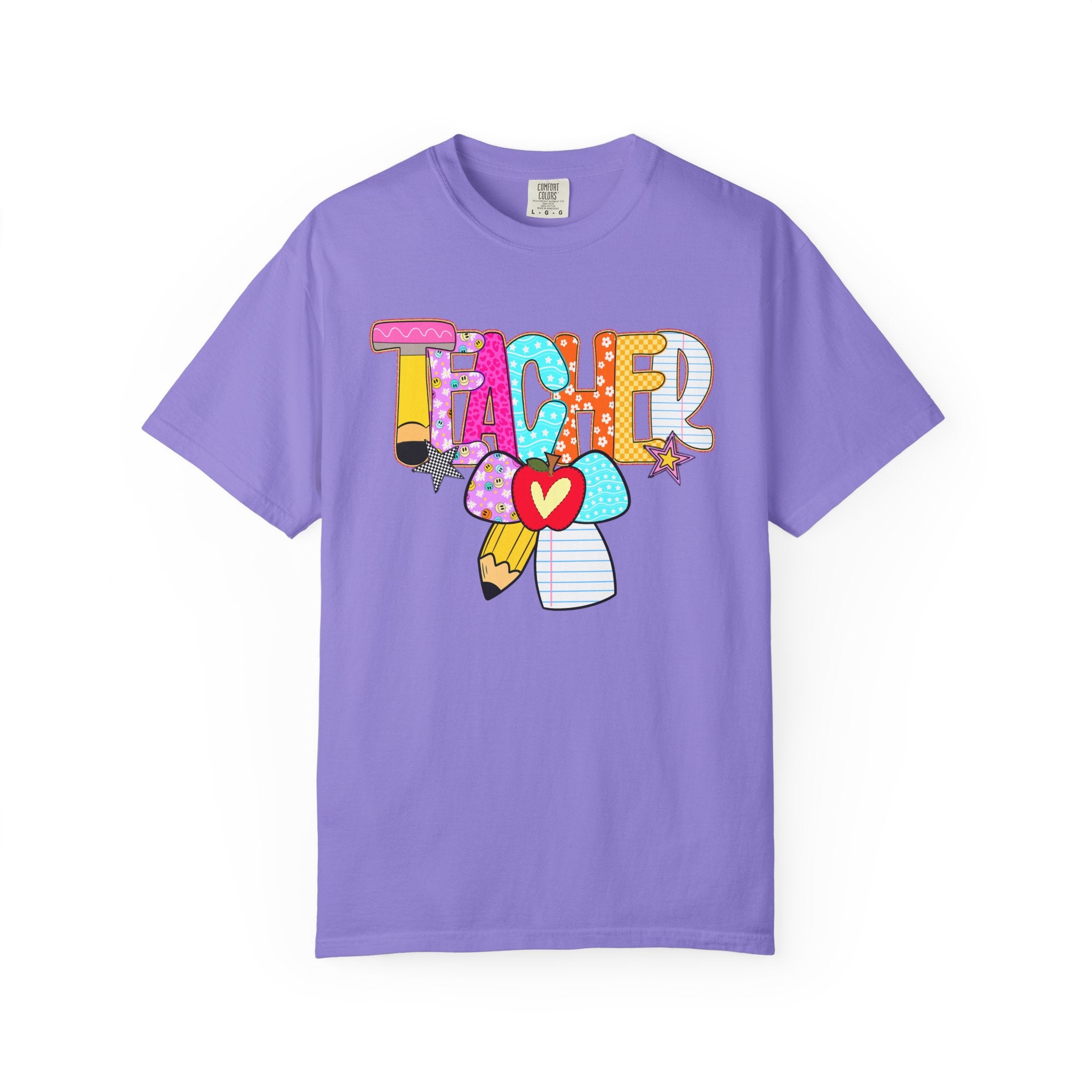 Teacher Doodle Graphic T‑Shirt — Colorful Pencil & Apple School Design
