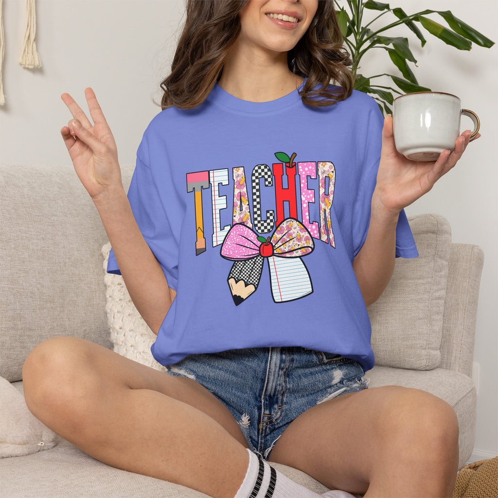 Teacher Graphic T-Shirt — Colorful Pencil & Bow Design