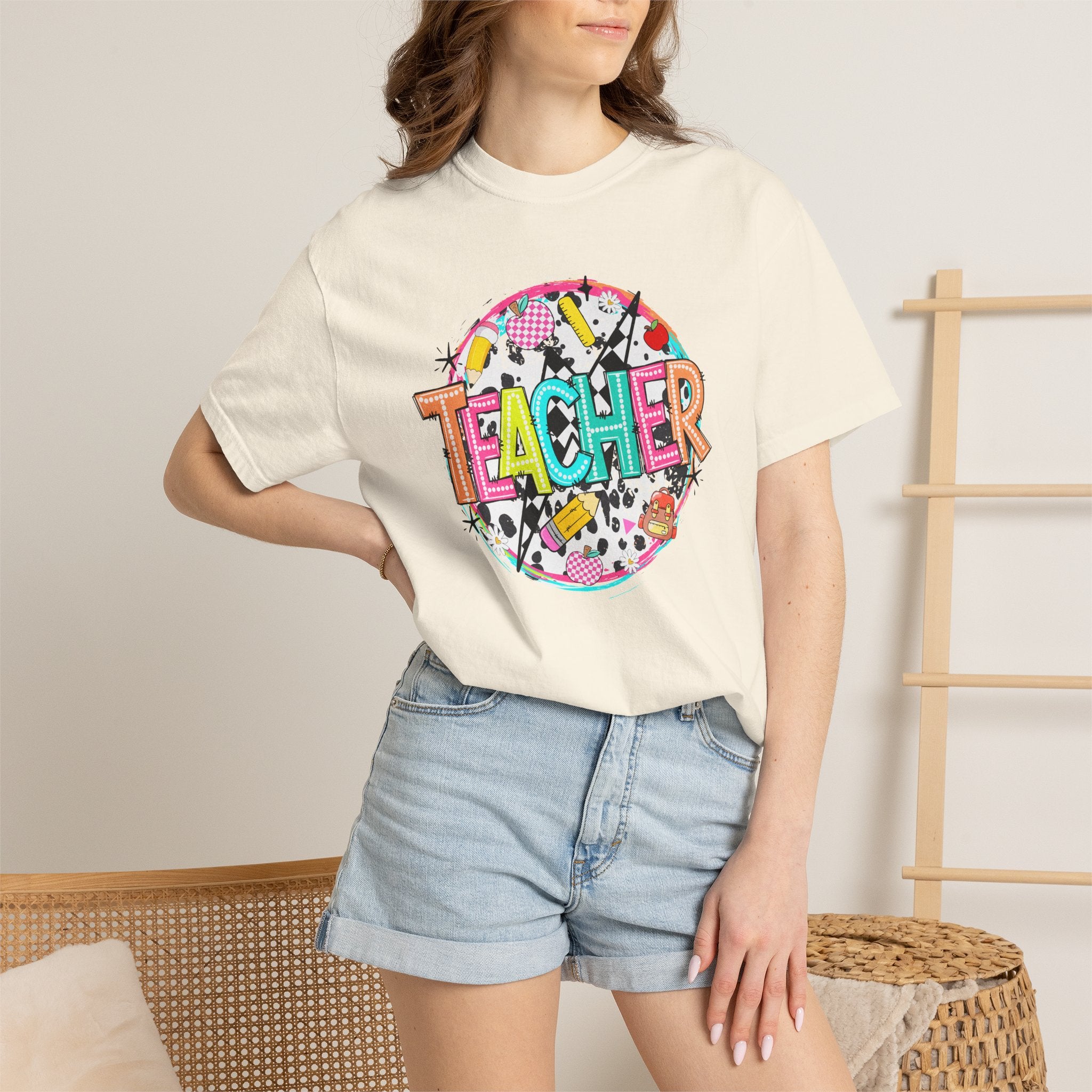 Teacher Graphic T-Shirt — Colorful School Supplies Design