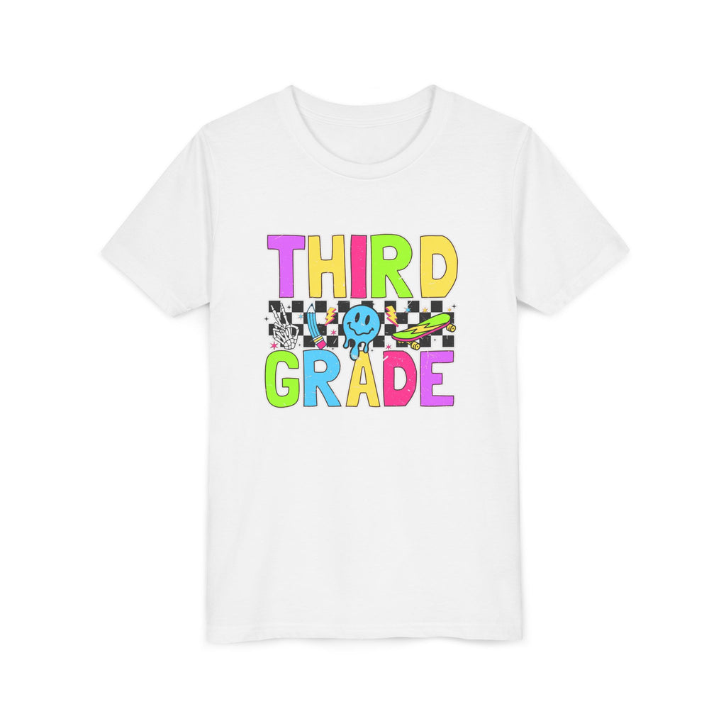 Third Grade Youth T‑Shirt — Colorful Checkerboard Smileback School Tee