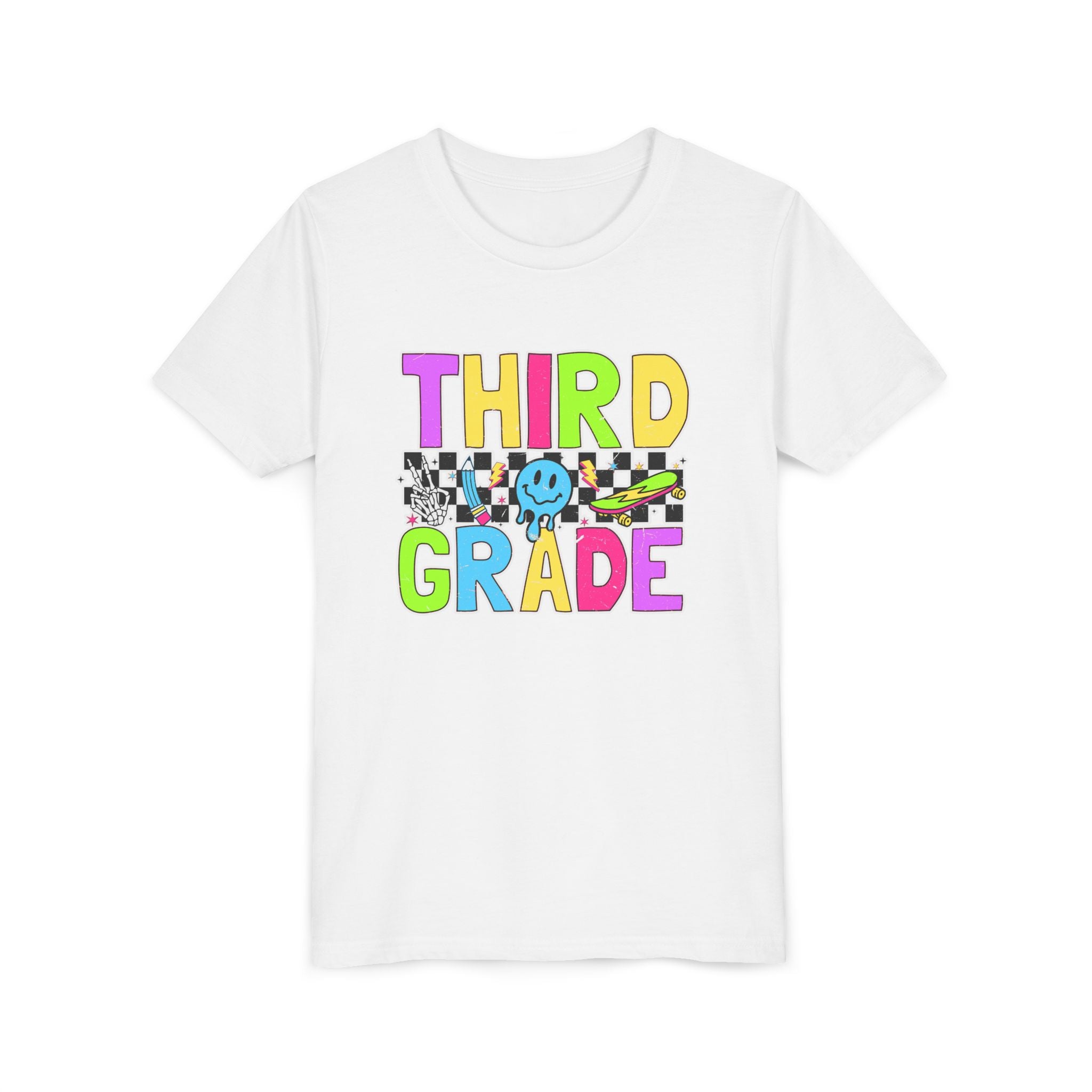 Third Grade Youth T‑Shirt — Colorful Checkerboard Smileback School Tee