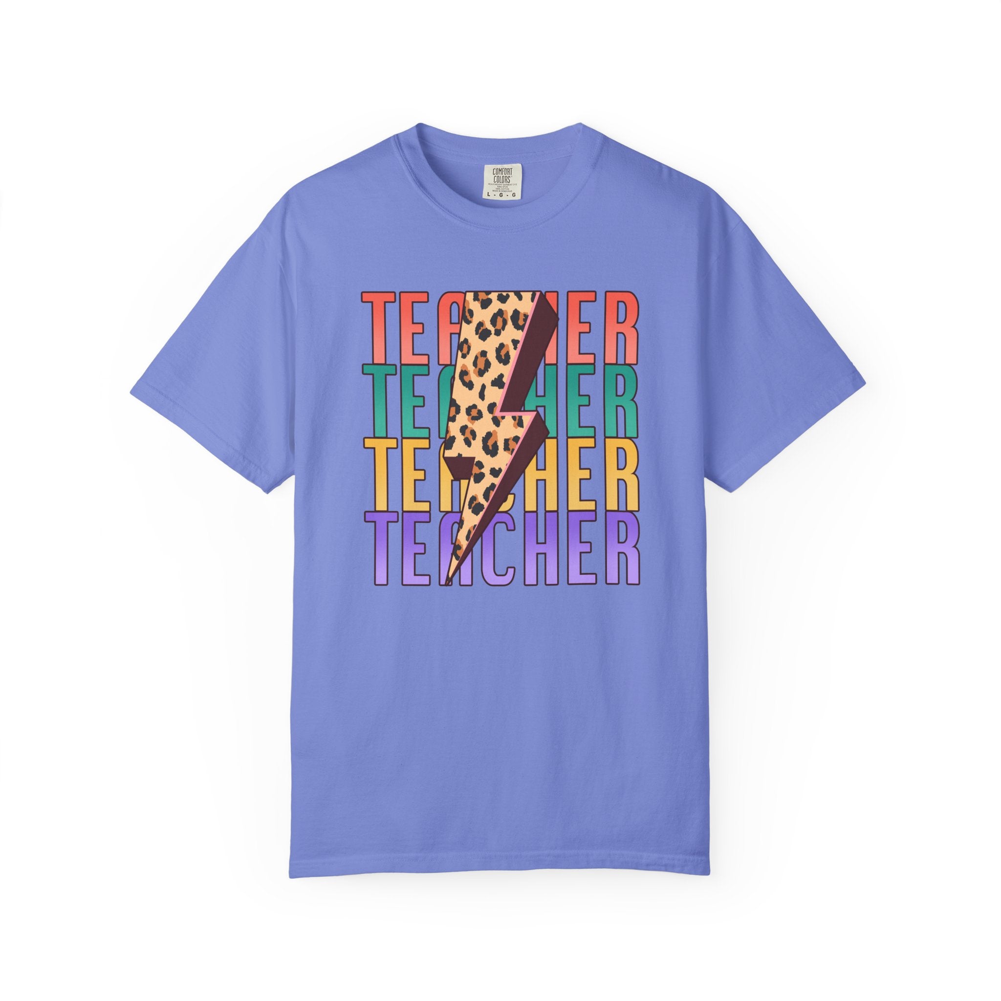 Teacher Lightning Bolt Leopard Print T‑Shirt — Colorful Retro Teacher Tee