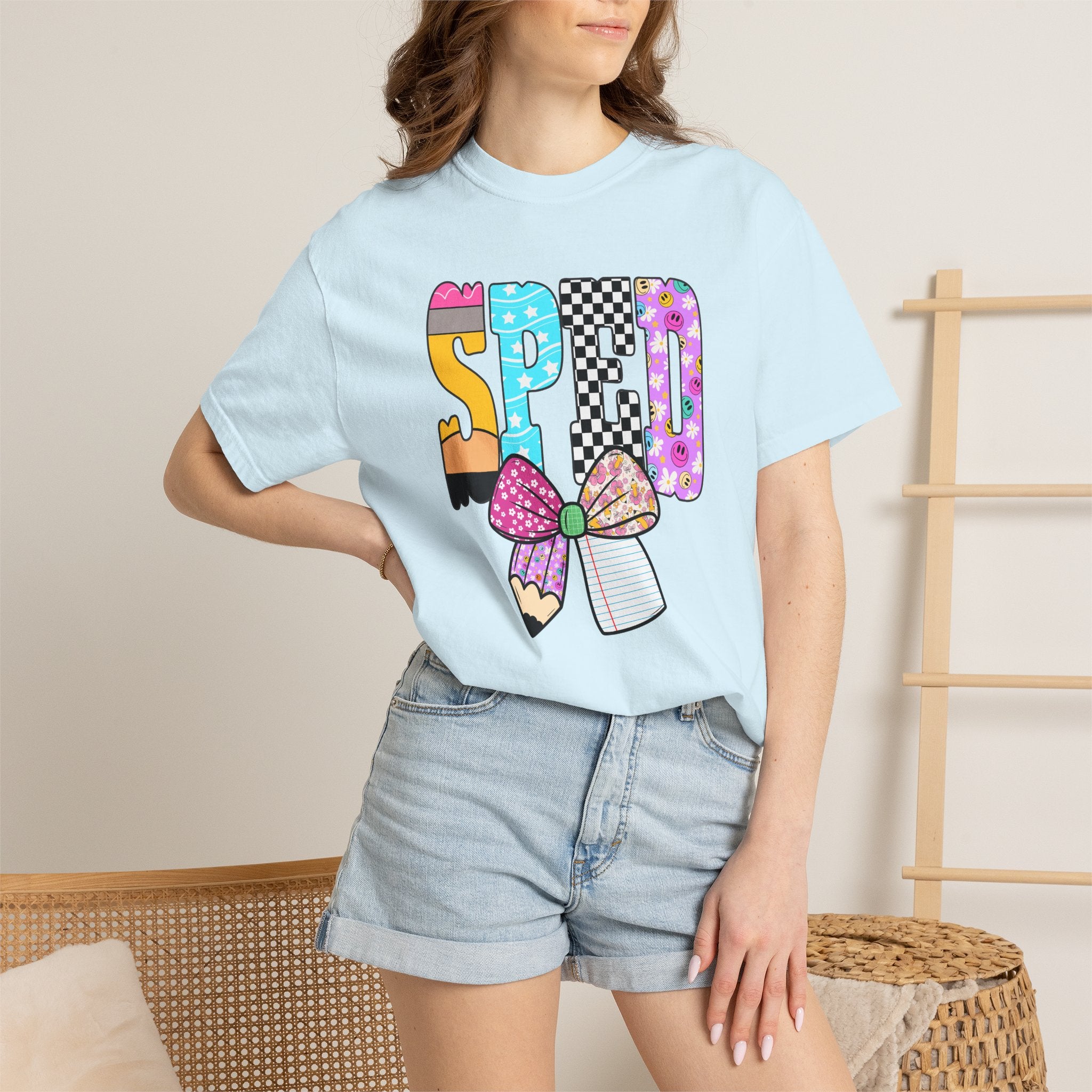 Spring Pencil Bow T-Shirt — Cute Colorful 'SPRING' Graphic Tee