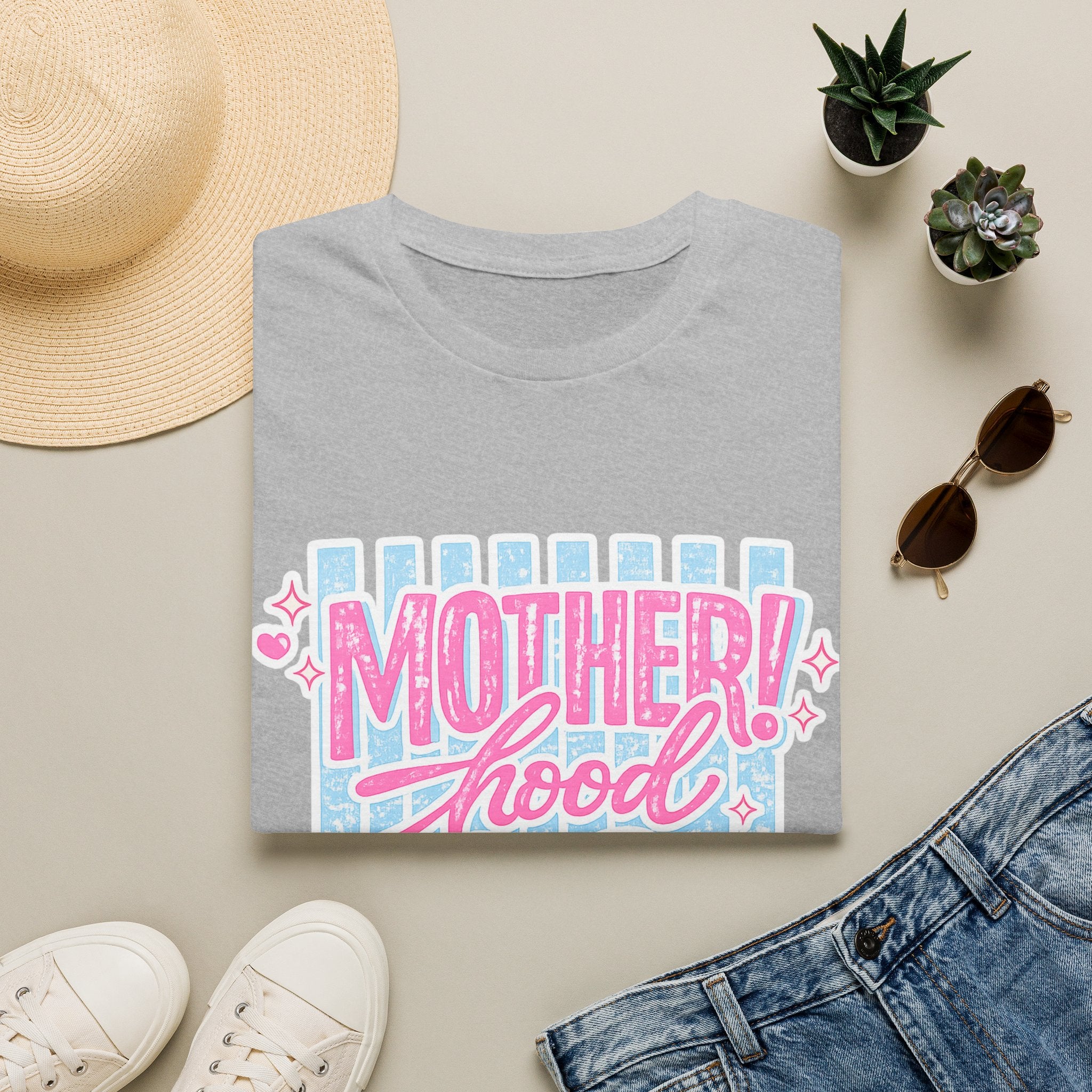 Motherhood Retro Tee — "Mother!hood" Pink & Blue Graphic T-Shirt for New Moms
