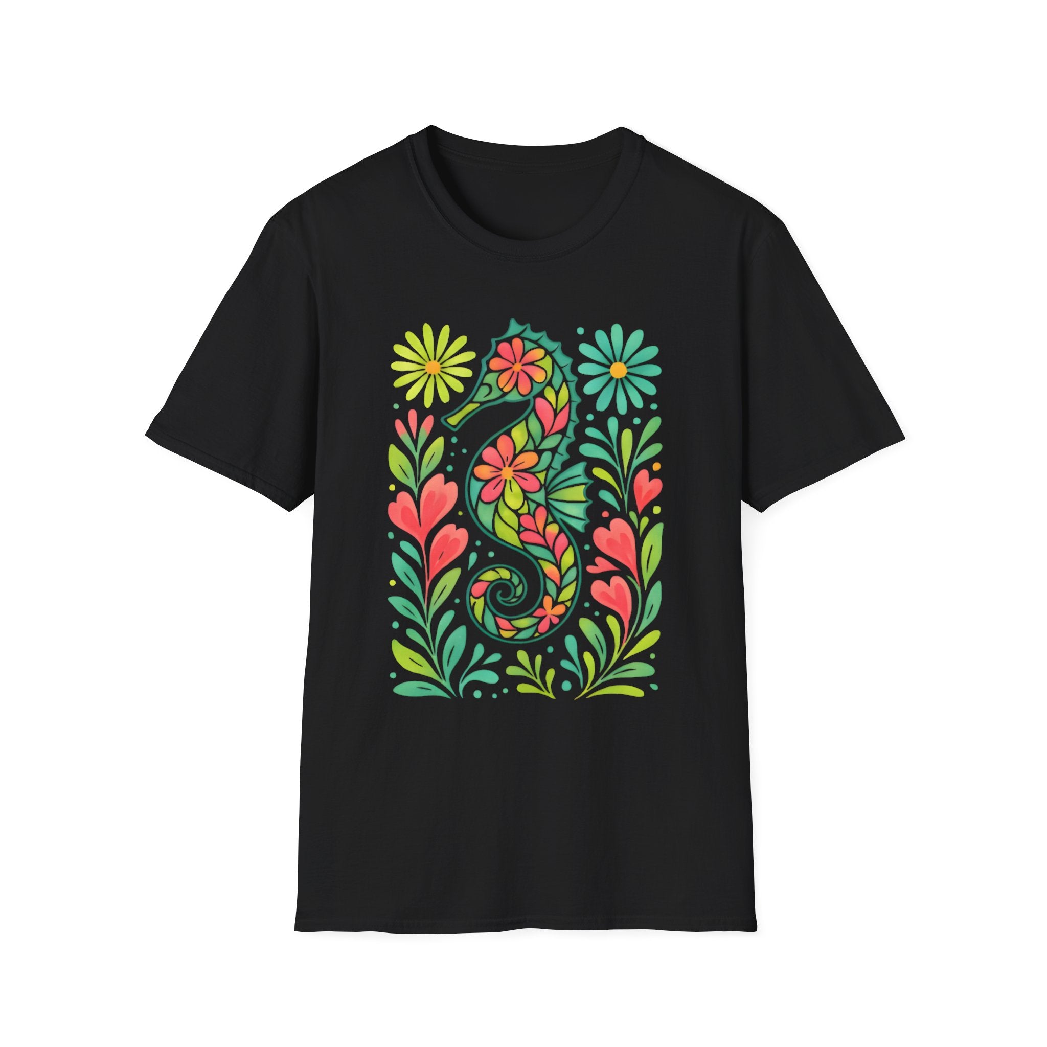 Floral Seahorse T-Shirt — Colorful Tropical Sea Life Tee