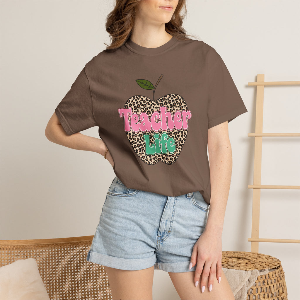 Teacher Life T-Shirt — Leopard Apple Graphic Tee for Educators