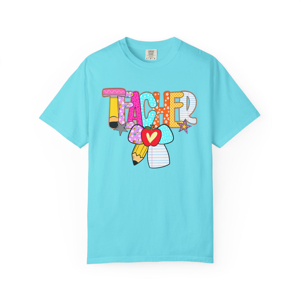 Teacher Doodle Graphic T‑Shirt — Colorful Pencil & Apple School Design