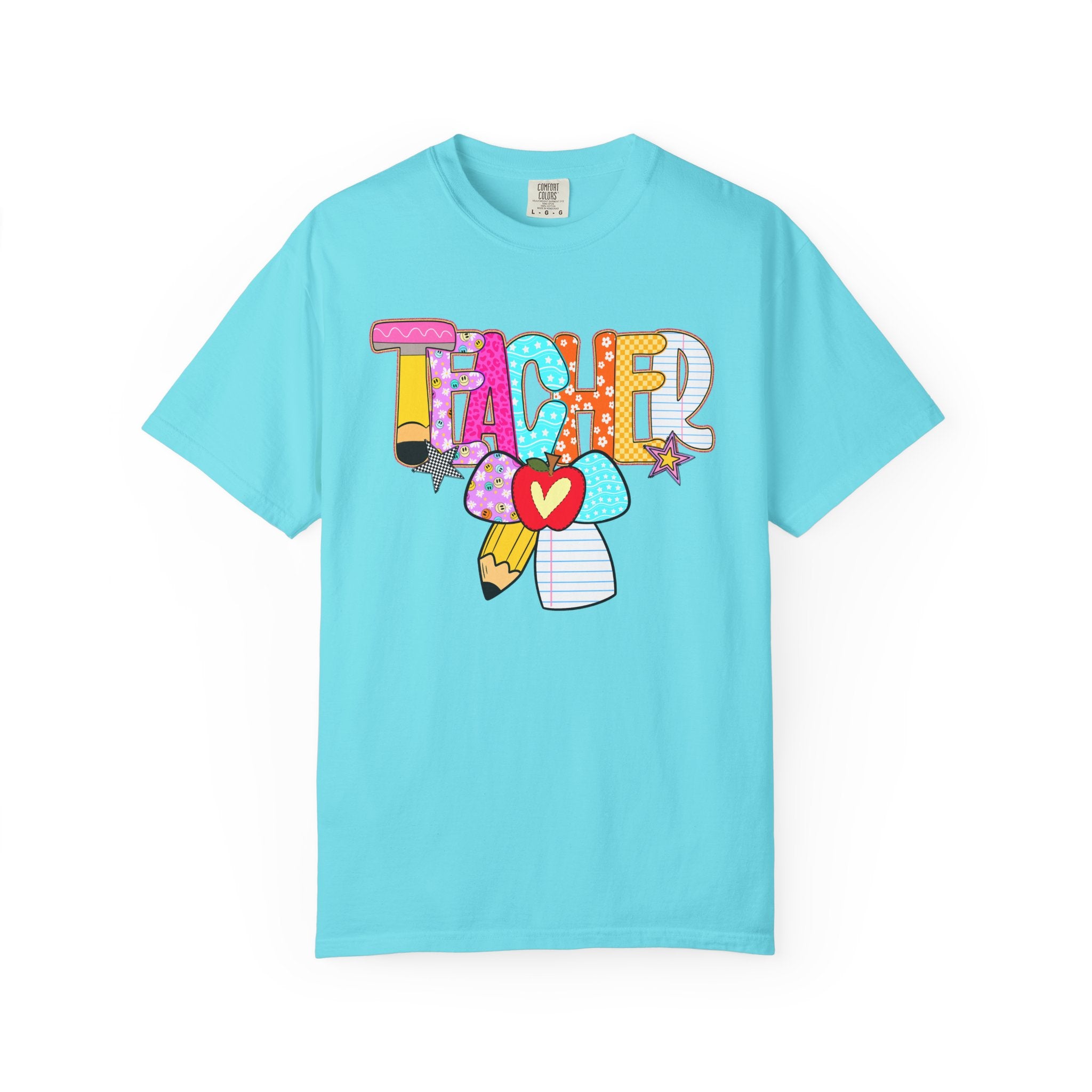 Teacher Doodle Graphic T‑Shirt — Colorful Pencil & Apple School Design