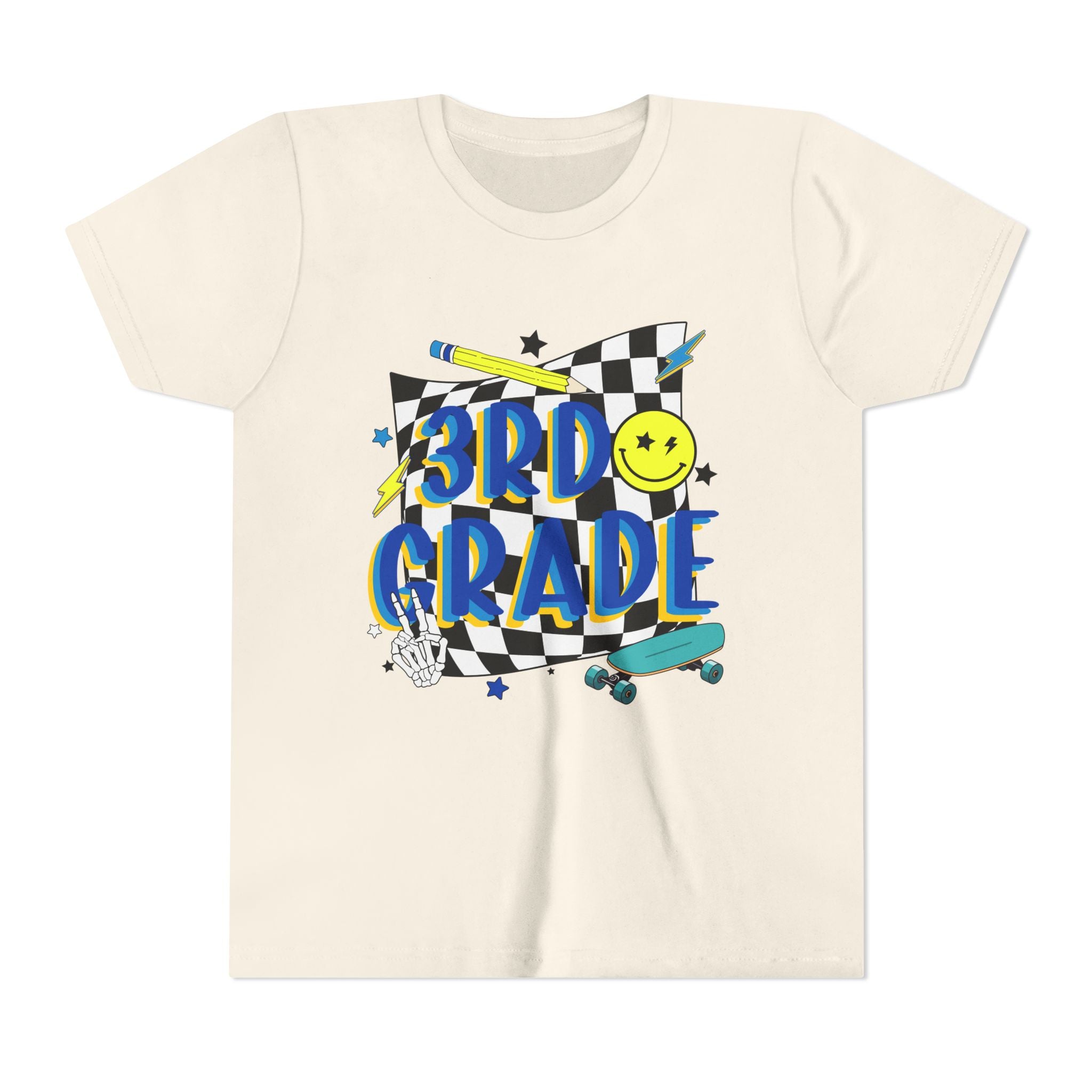 3rd Grade Youth Tee - Back-to-School Smiley Skateboard Design
