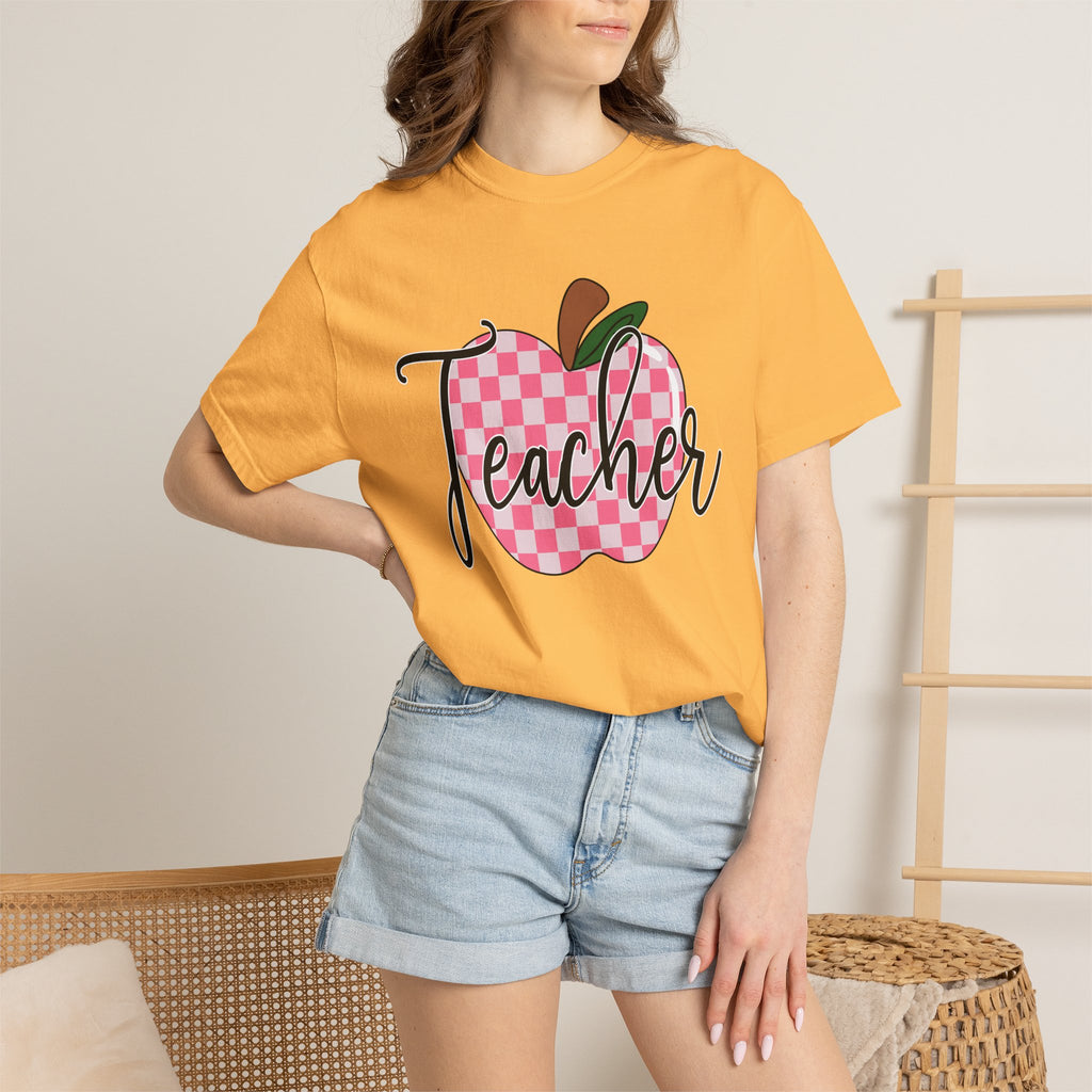 Teacher Apple T-Shirt — Pink Checkered Apple Teacher Tee