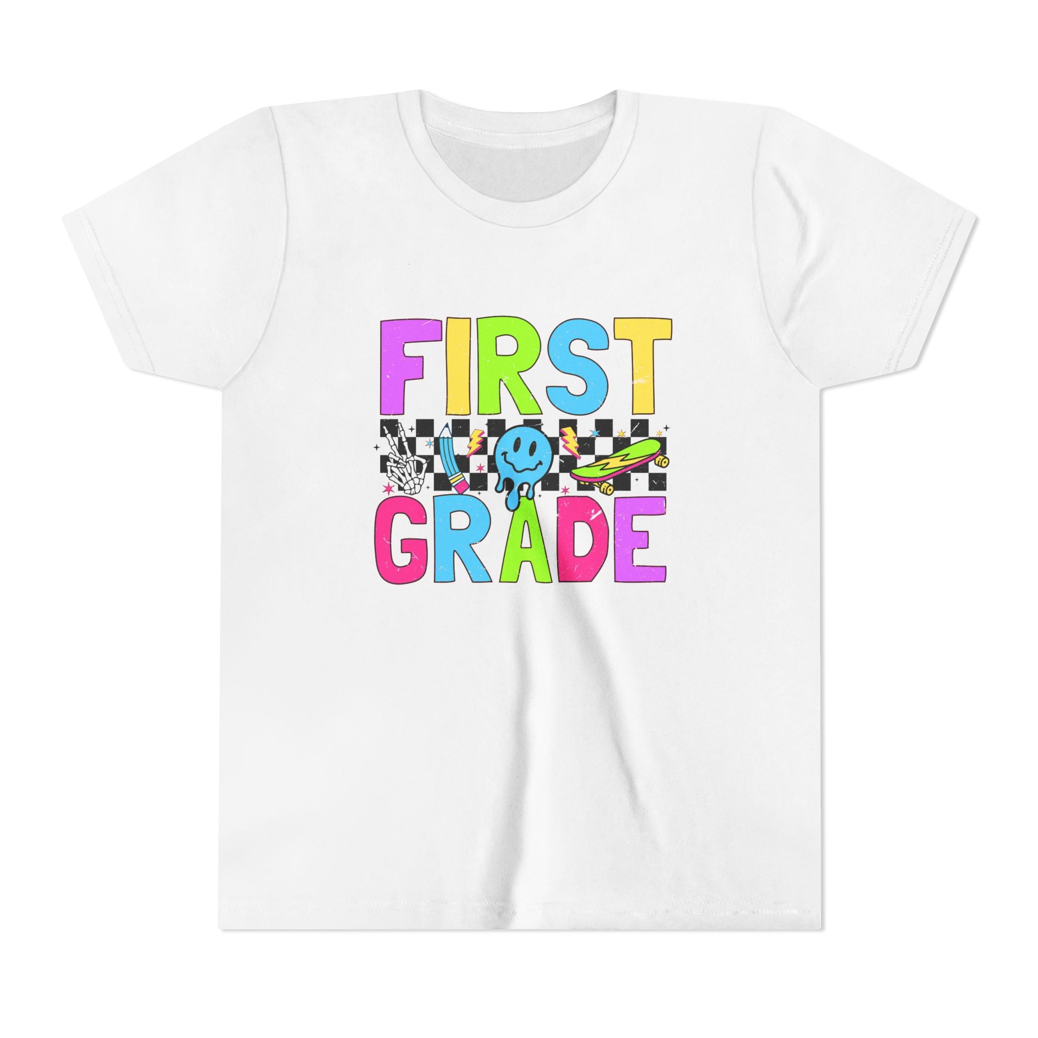 First Grade Youth T‑Shirt — Colorful Checkerboard Smile Back‑to‑School Tee