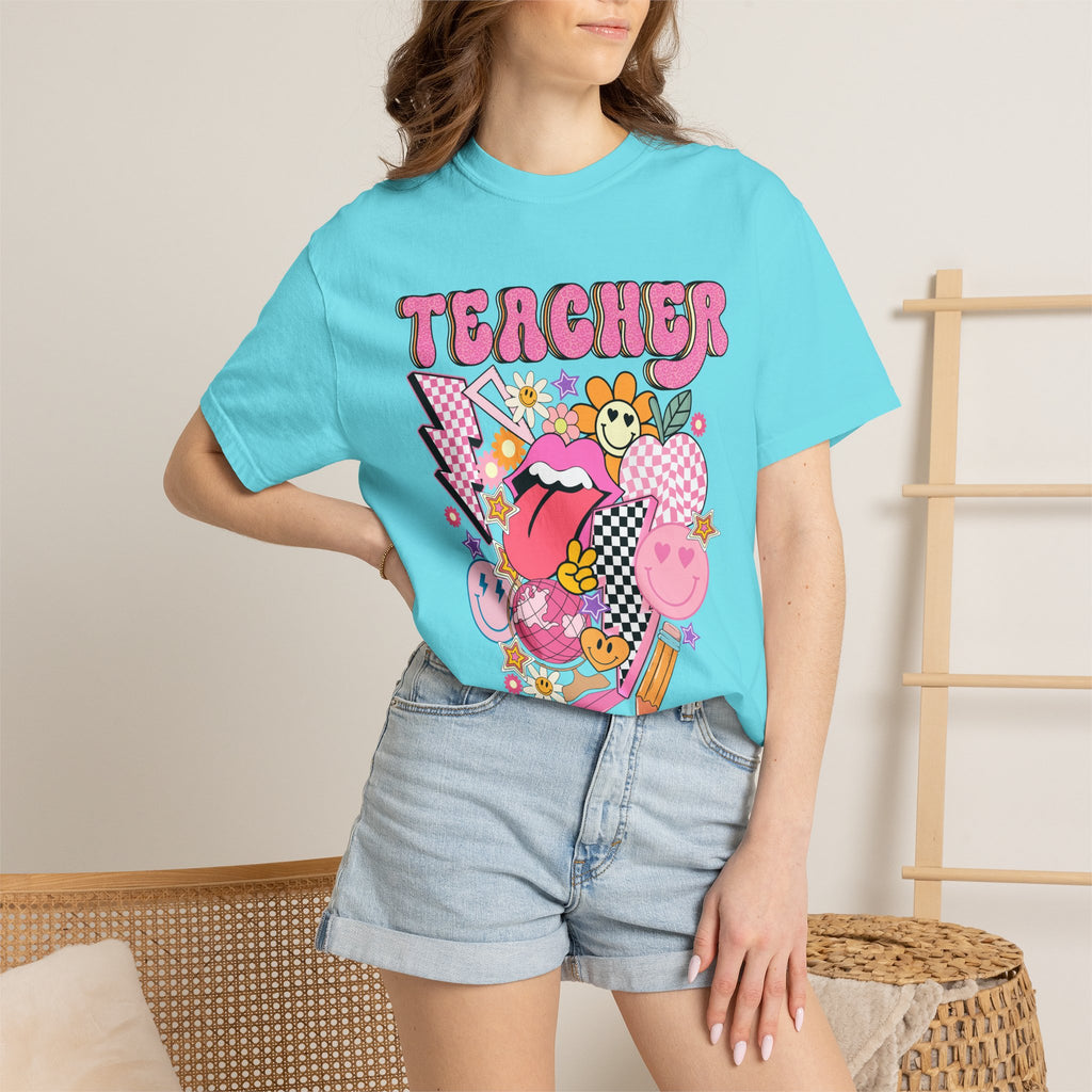 Teacher Retro Pop Graphic T‑Shirt — Cute Pink School Staff Shirt