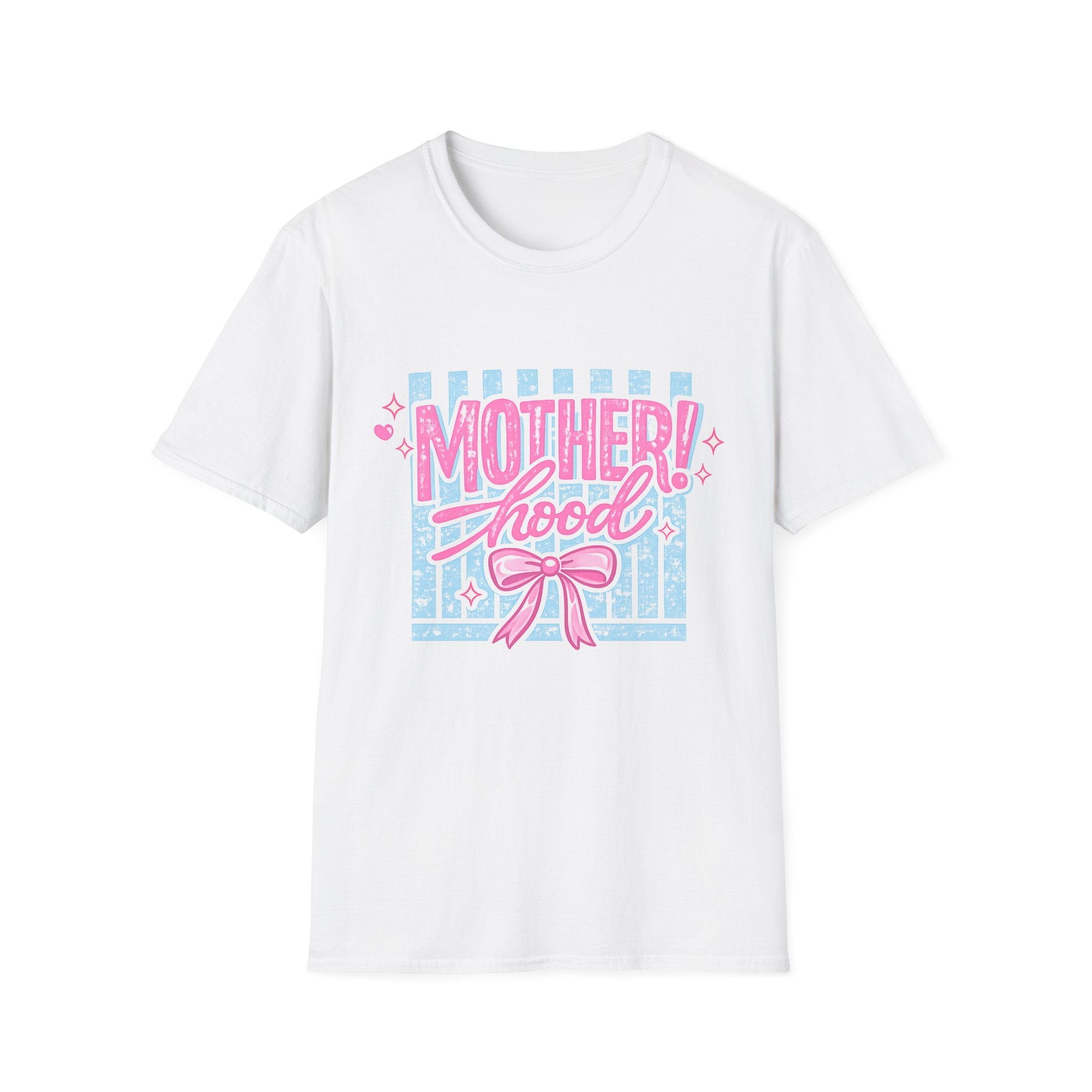 Motherhood Retro Tee — "Mother!hood" Pink & Blue Graphic T-Shirt for New Moms