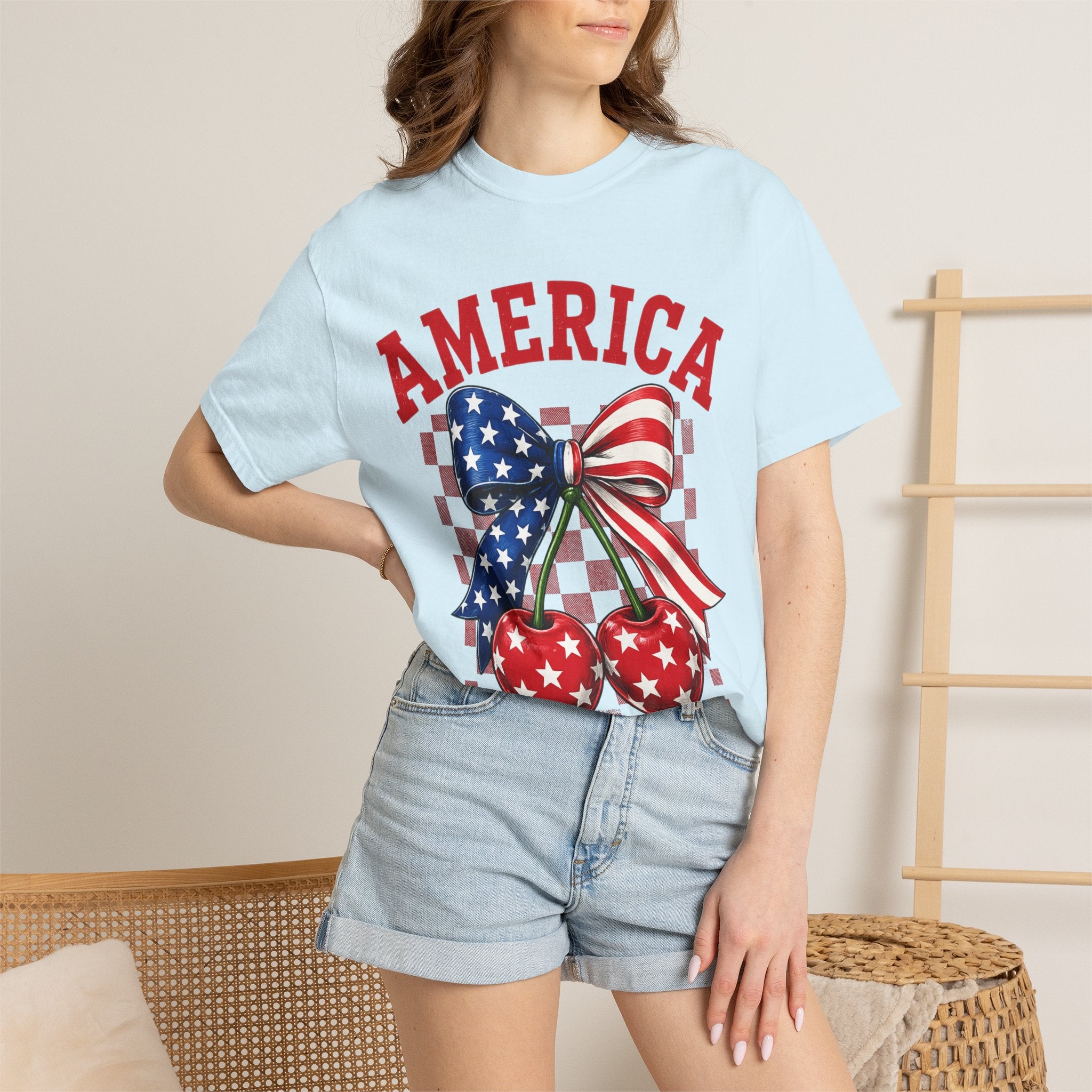 America Cherry Graphic T-Shirt — Patriotic Stars & Stripes Bow Tee