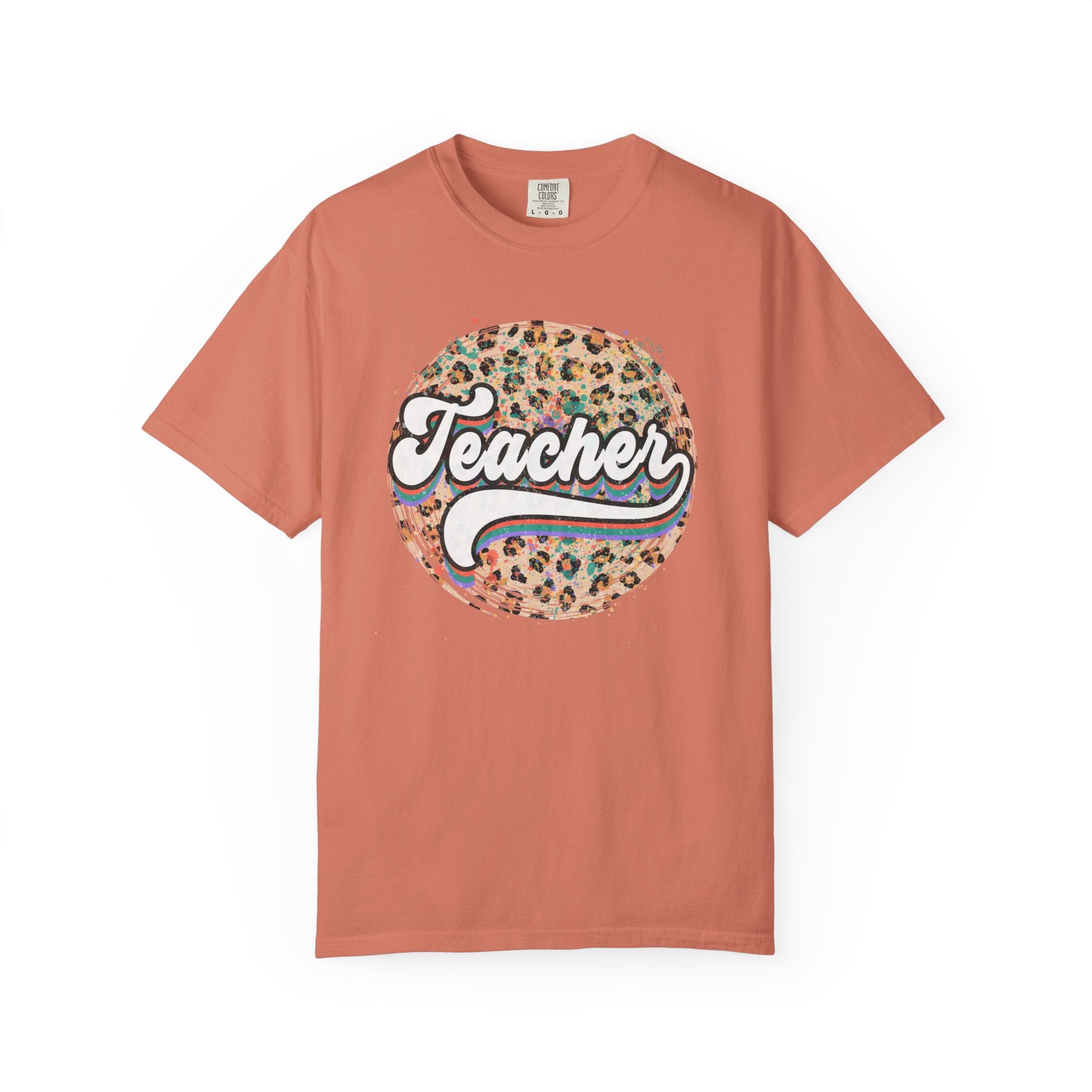 Teacher Leopard Circle T-Shirt — Retro Rainbow Script Tee for Educators