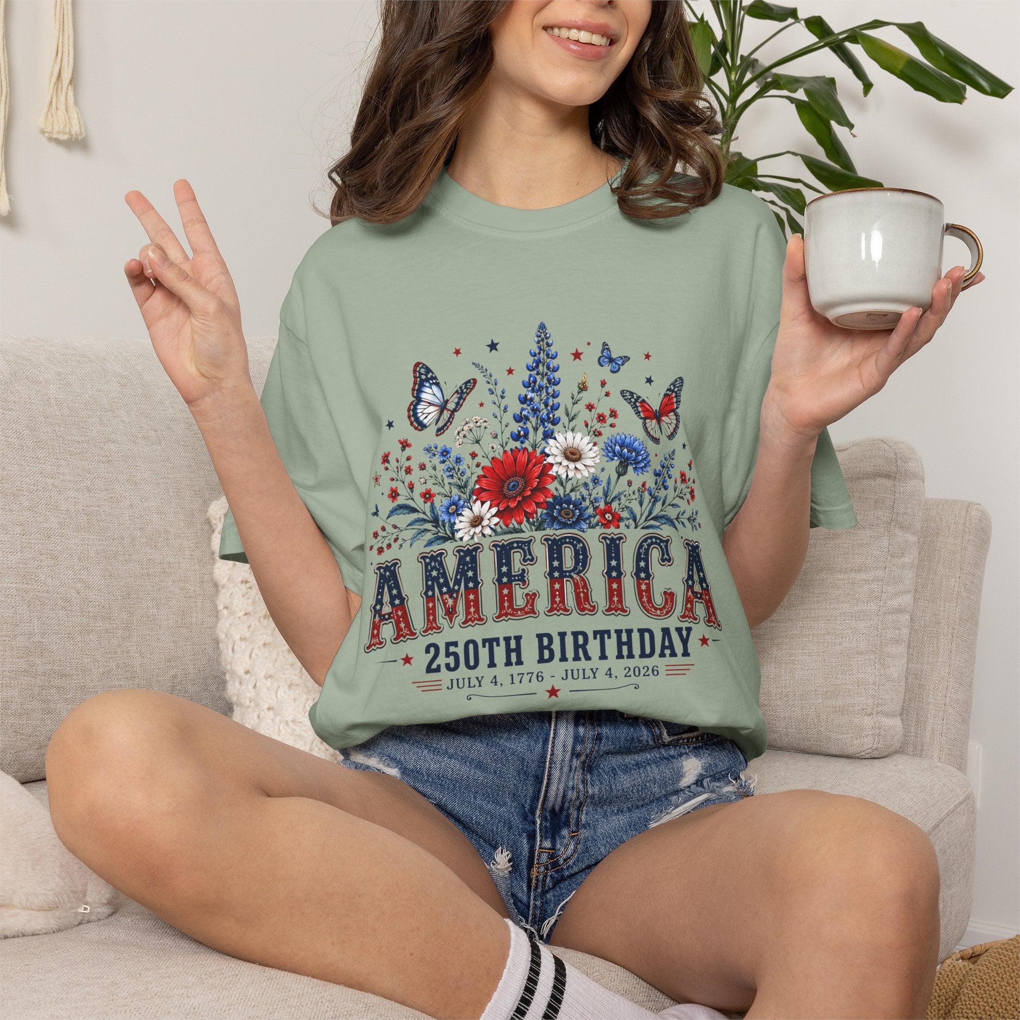 America 250th Birthday T-Shirt — Patriotic Floral July 4th Tee