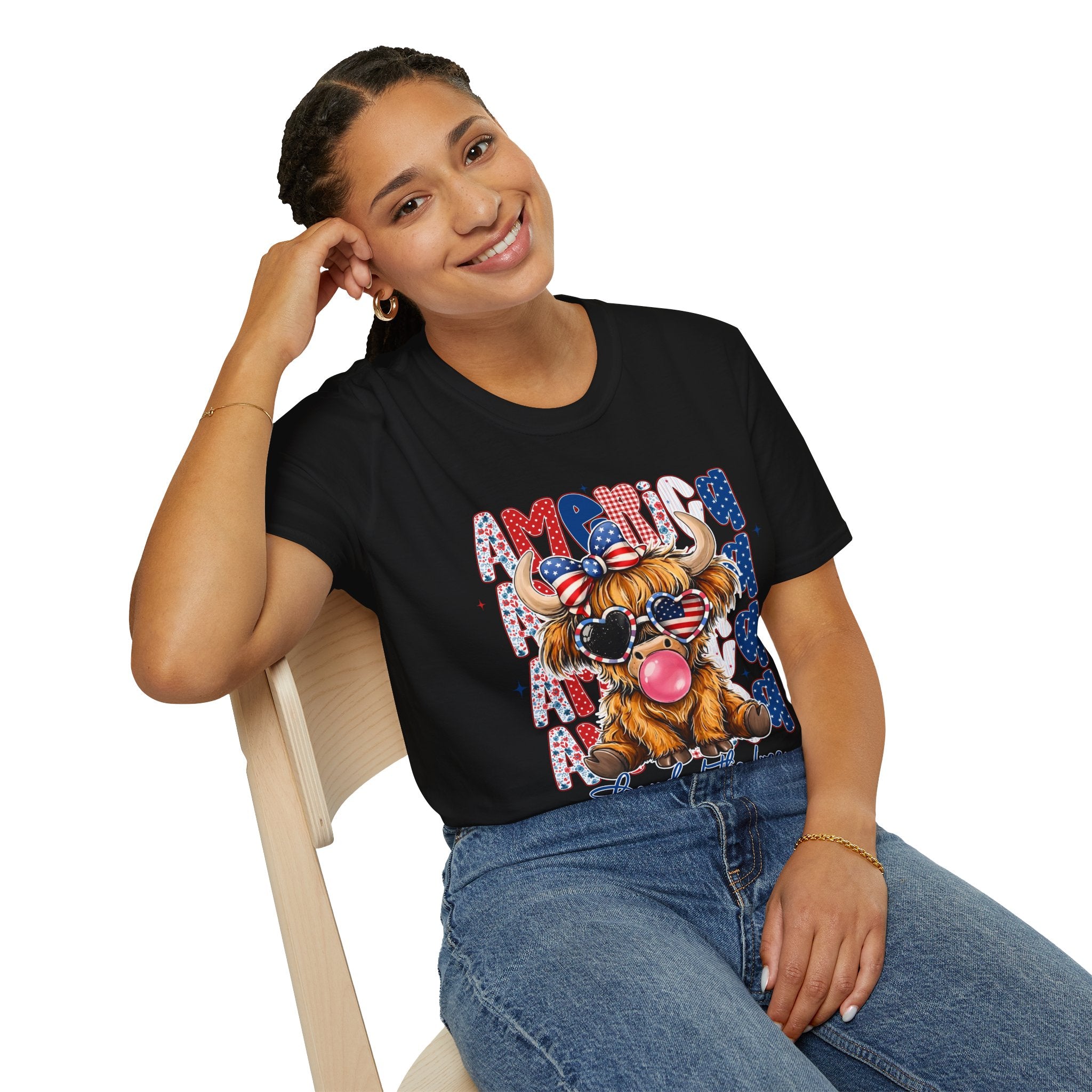 Patriotic Highland Cow T-Shirt — 'Land of the Free' 4th of July Tee
