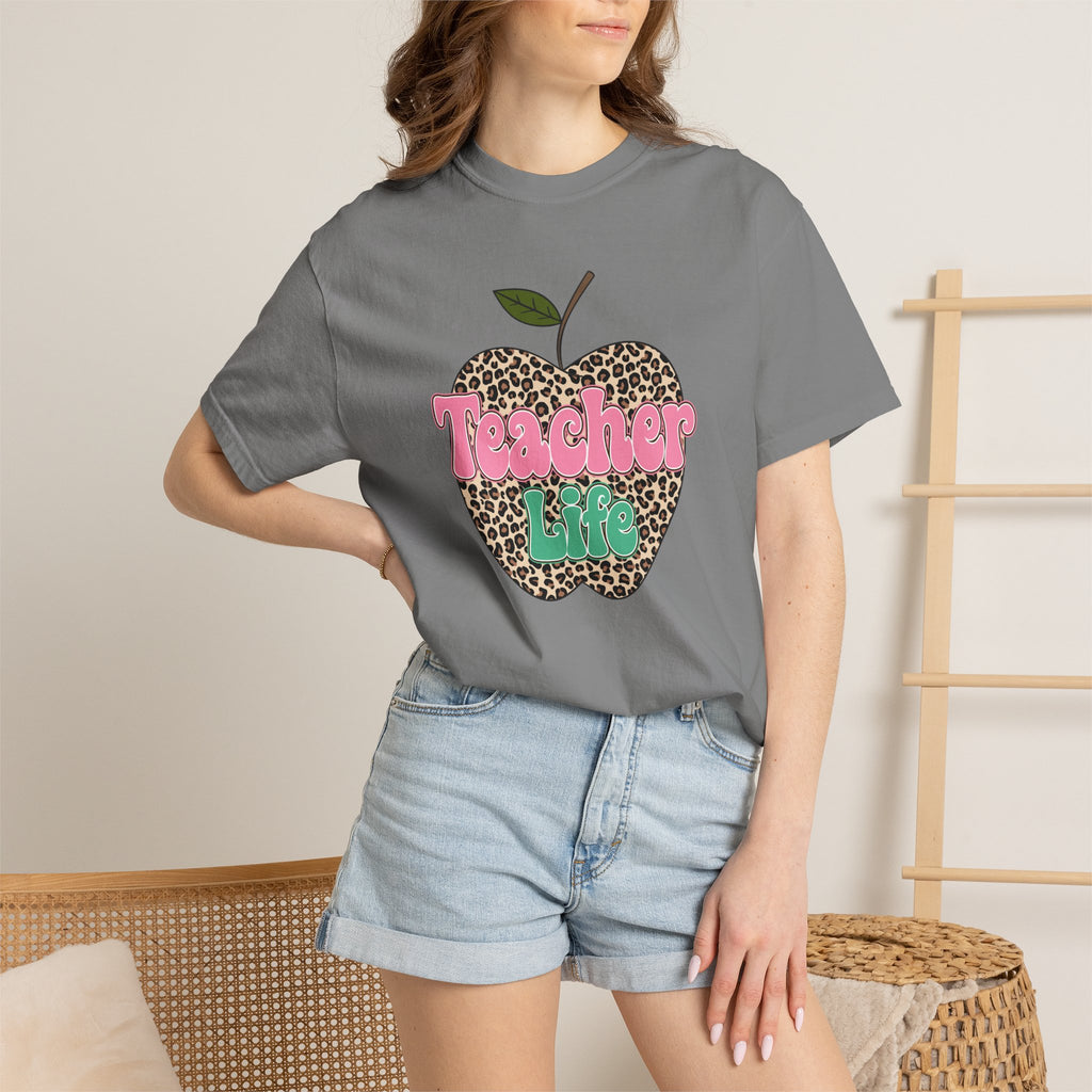 Teacher Life T-Shirt — Leopard Apple Graphic Tee for Educators
