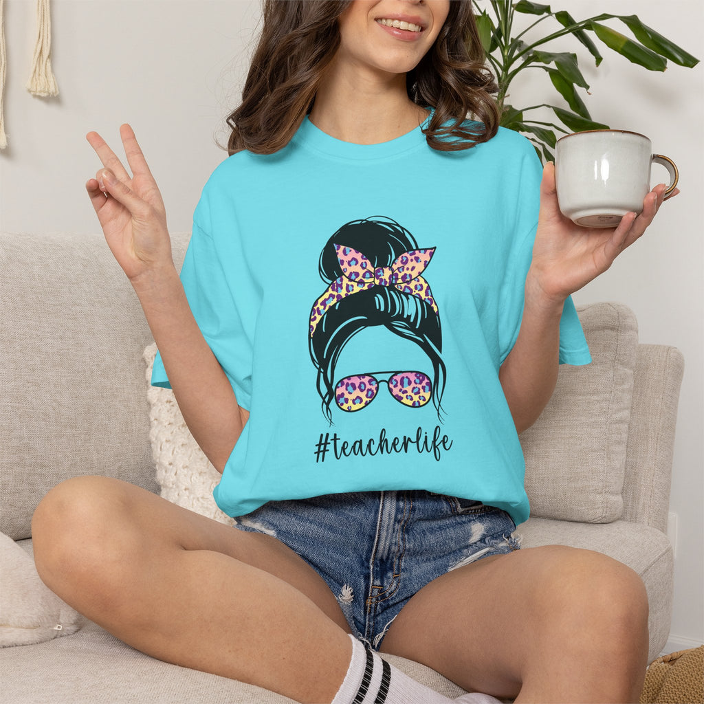 Teacher Life Floral Messy Bun T-Shirt