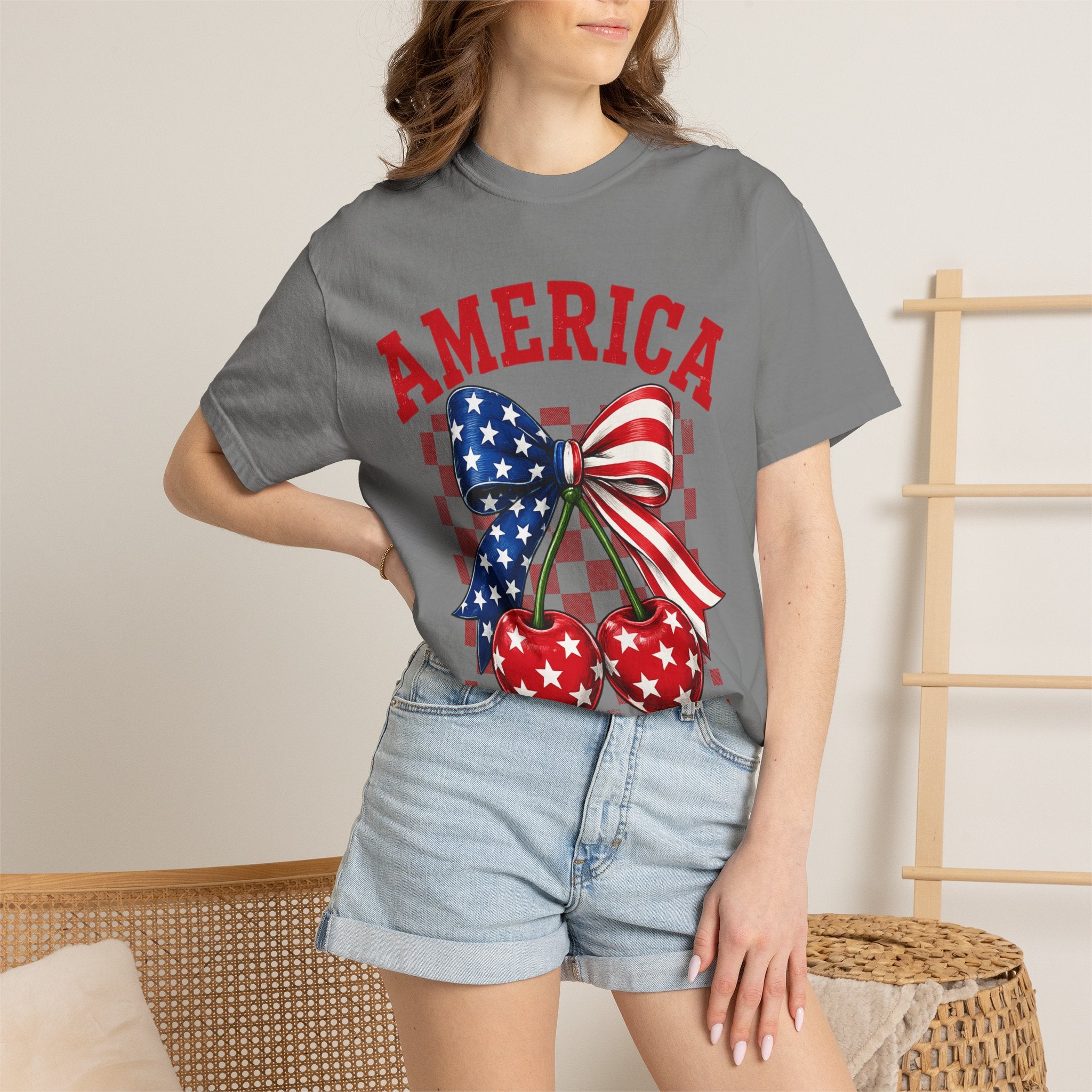 America Cherry Graphic T-Shirt — Patriotic Stars & Stripes Bow Tee