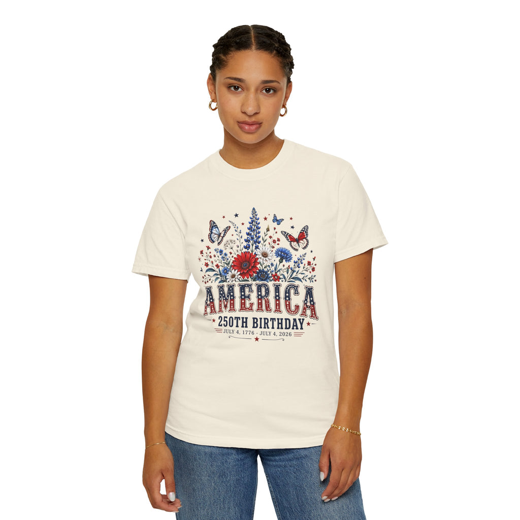 America 250th Birthday T-Shirt — Patriotic Floral July 4th Tee