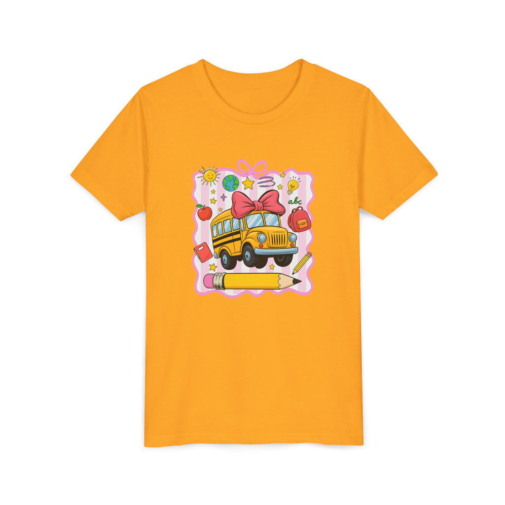 Youth Tee — Cute School Bus Back to School Kids Shirt (Pencil, Apple, Sun)