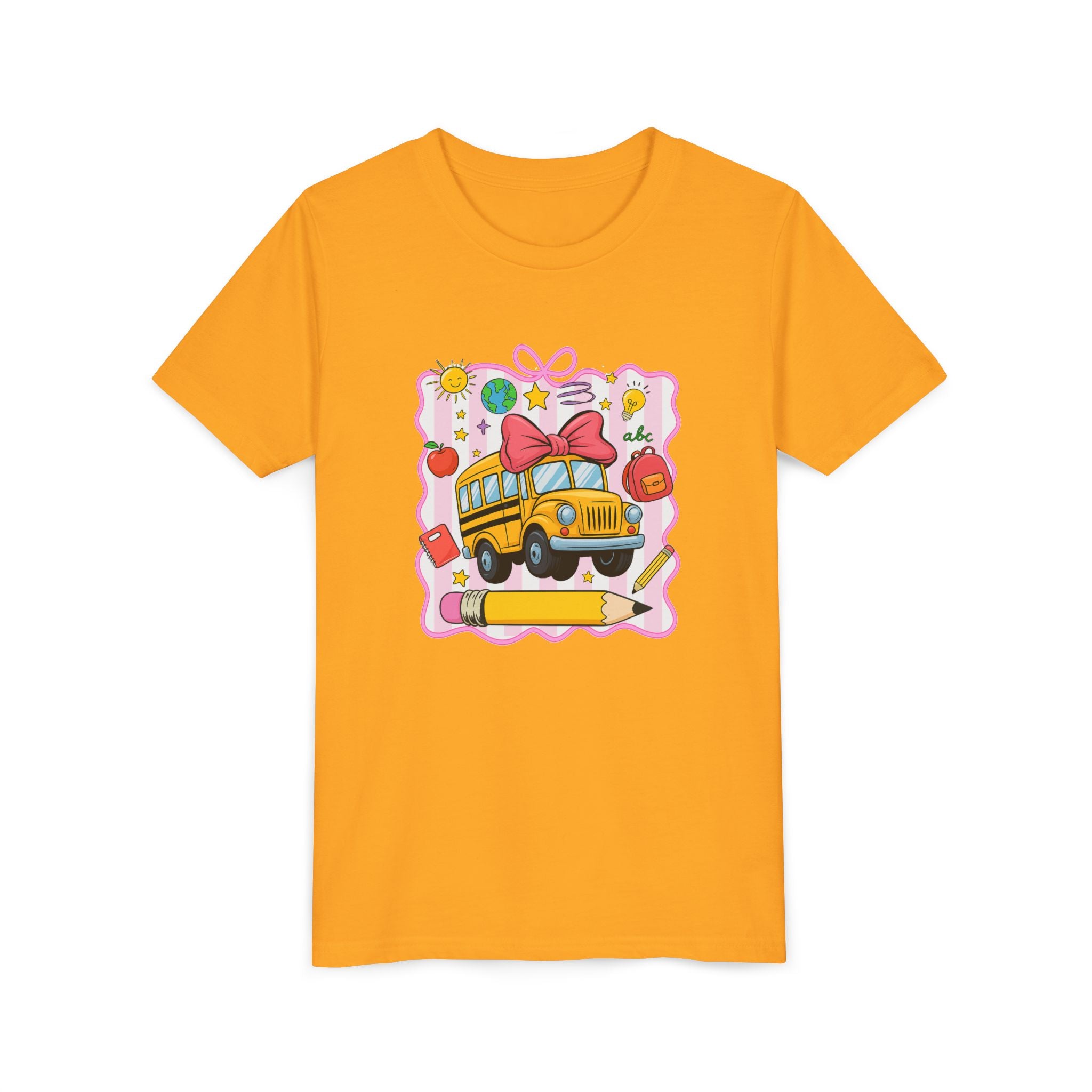 Youth Tee — Cute School Bus Back to School Kids Shirt (Pencil, Apple, Sun)