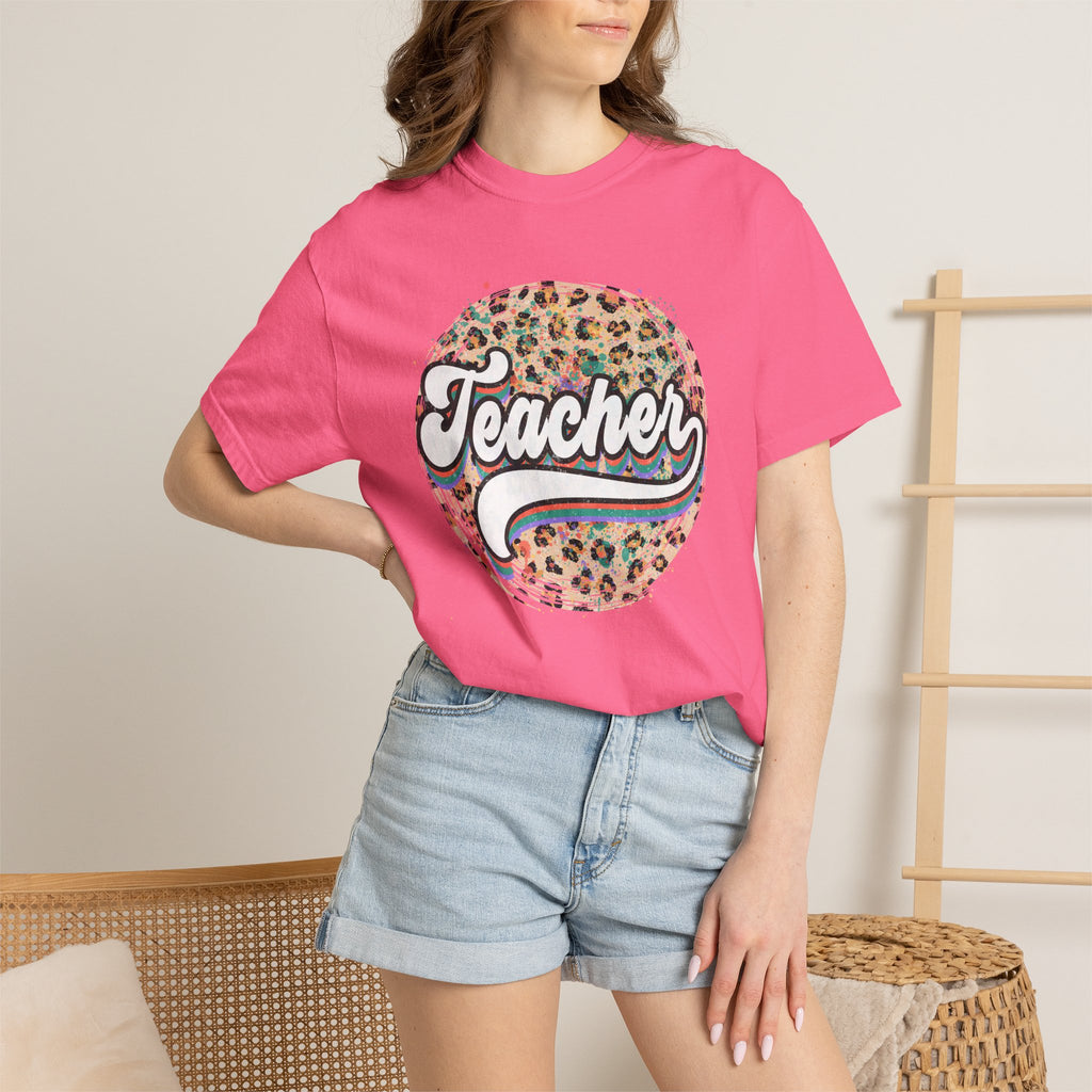 Teacher Leopard Circle T-Shirt — Retro Rainbow Script Tee for Educators