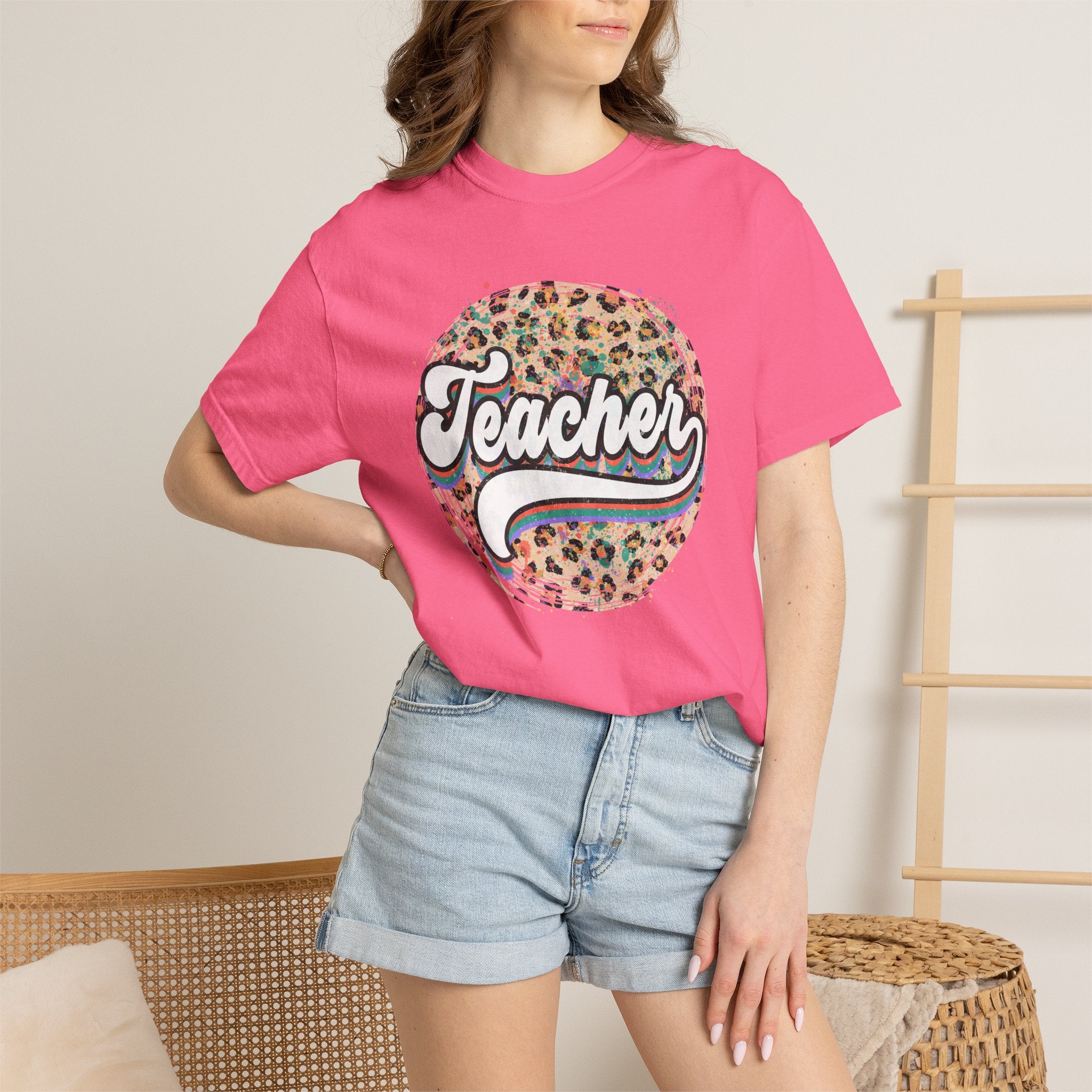Teacher Leopard Circle T-Shirt — Retro Rainbow Script Tee for Educators