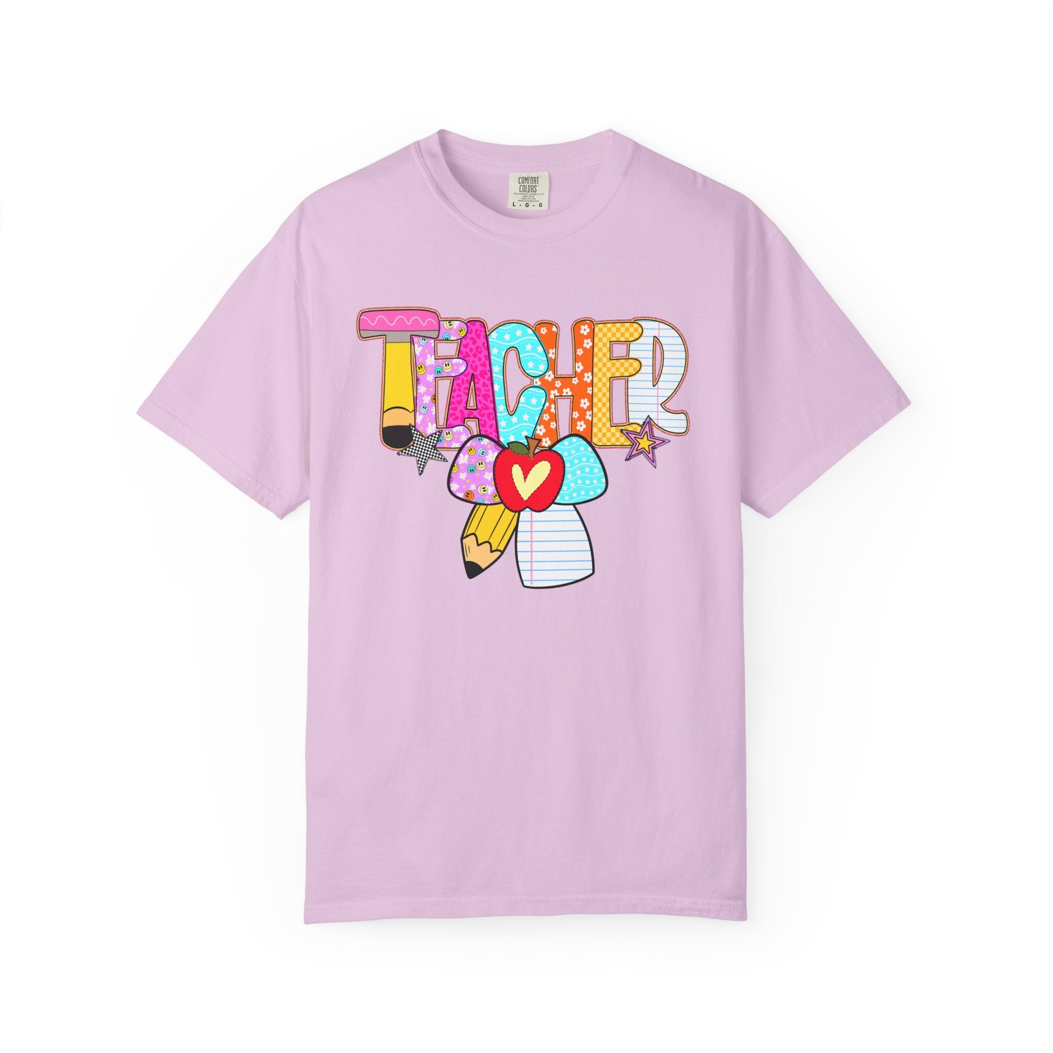 Teacher Doodle Graphic T‑Shirt — Colorful Pencil & Apple School Design