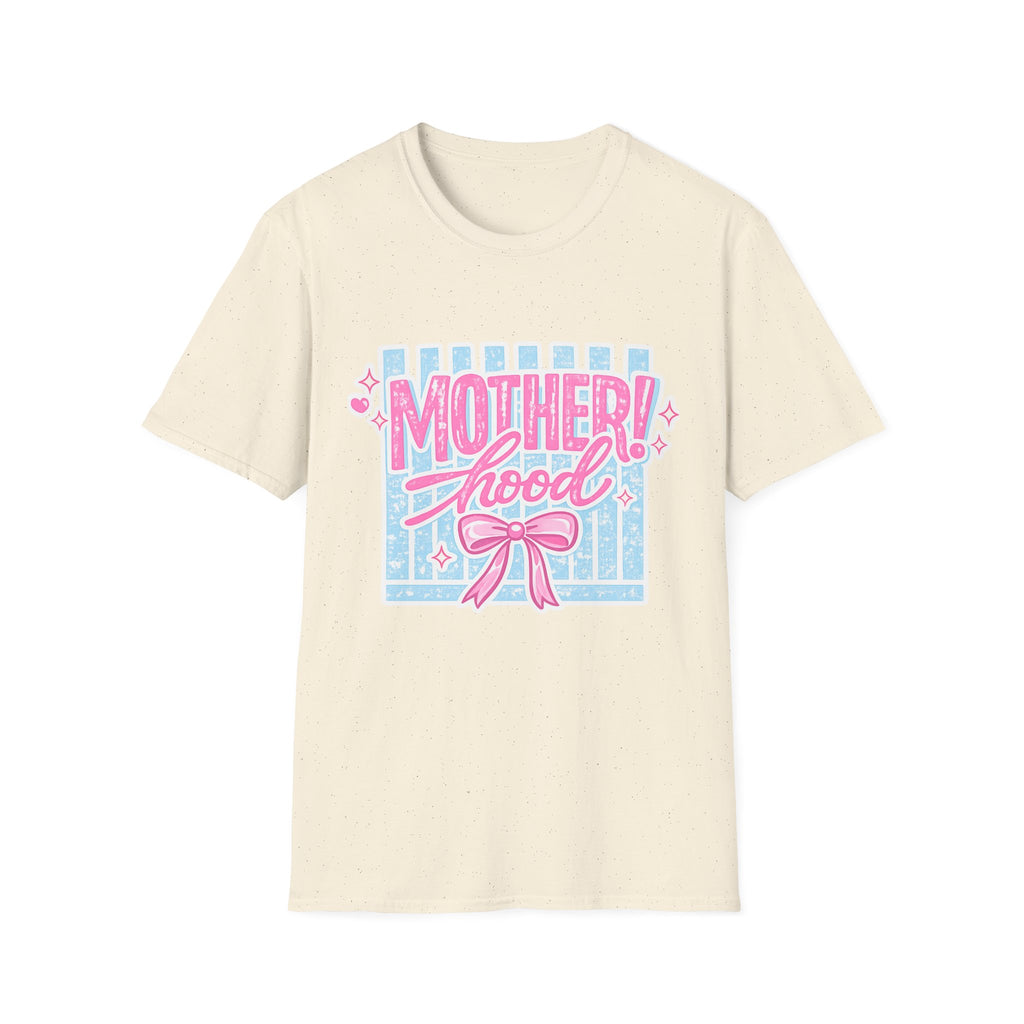 Motherhood Retro Tee — "Mother!hood" Pink & Blue Graphic T-Shirt for New Moms