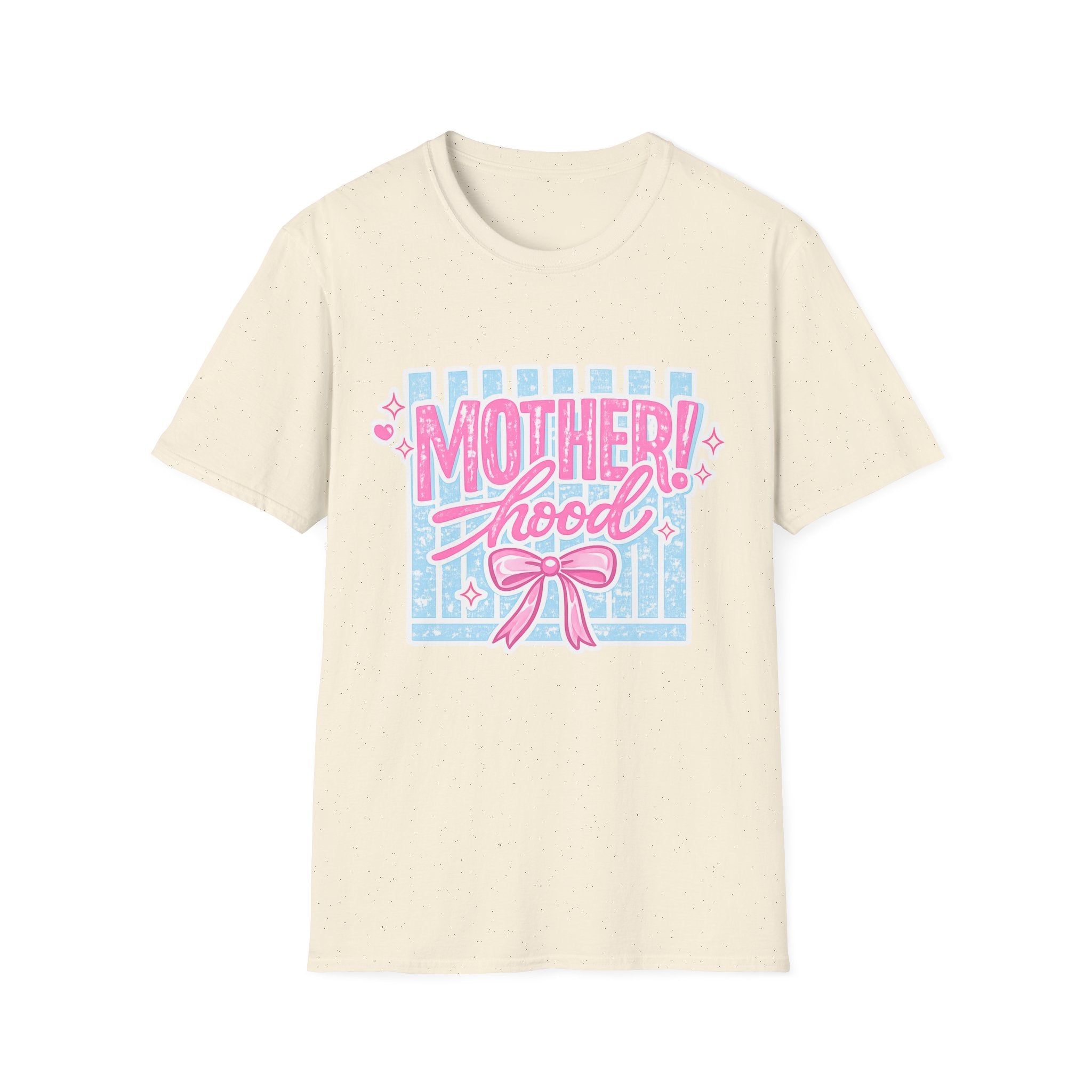 Motherhood Retro Tee — "Mother!hood" Pink & Blue Graphic T-Shirt for New Moms