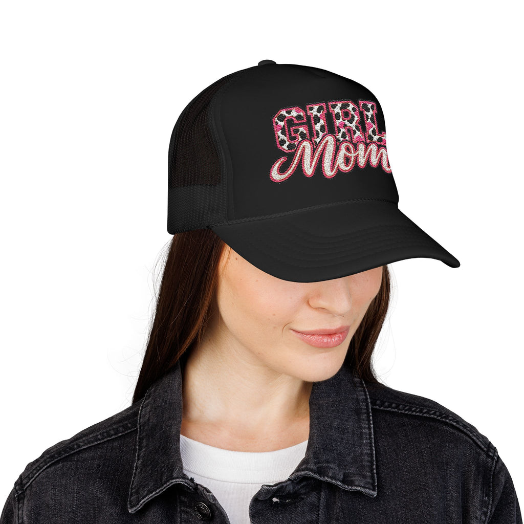 Girl Mom Leopard Foam Trucker Hat — Pink Glitter Script Mesh Cap