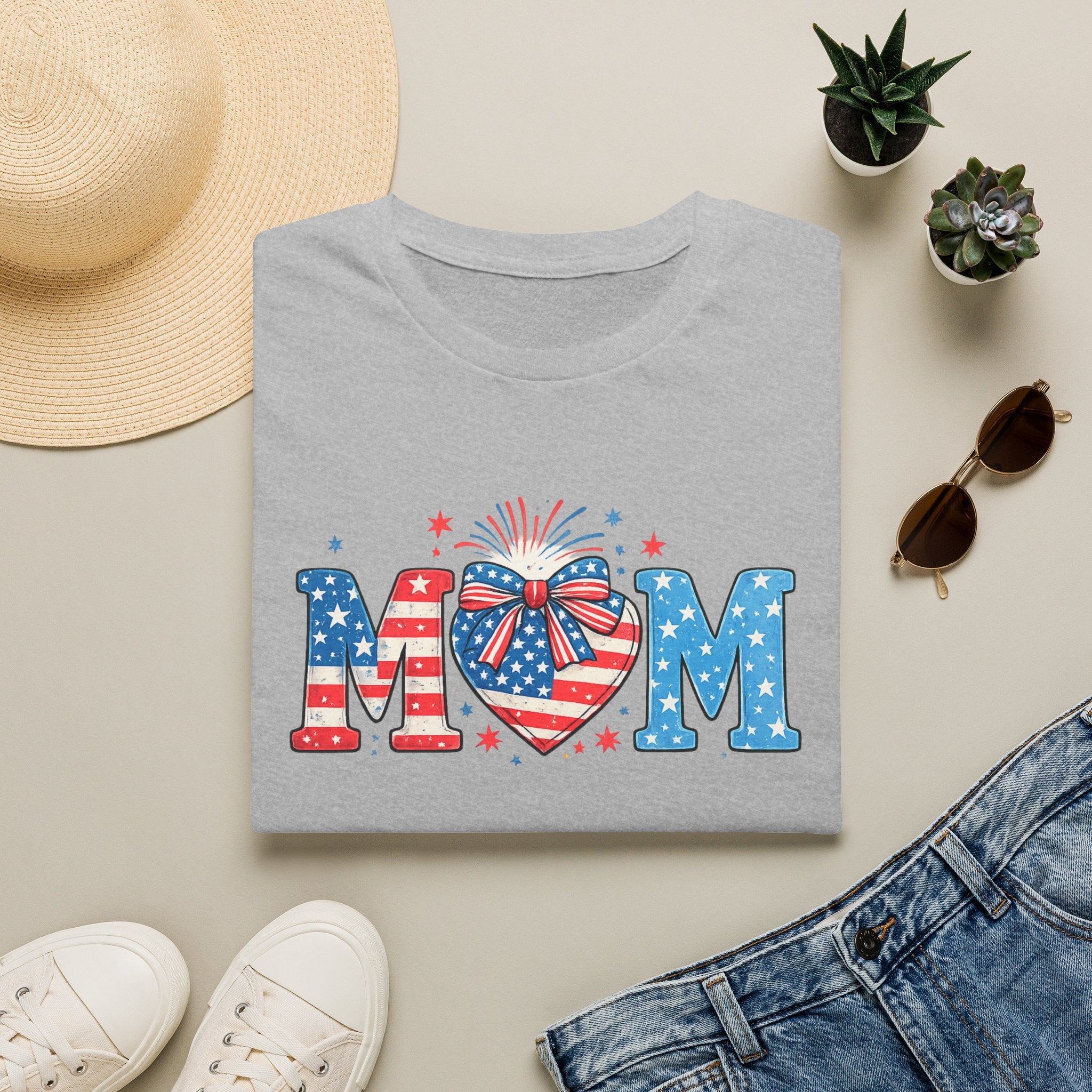 Patriotic MOM T-Shirt — Stars & Stripes Heart Design (Fourth of July / Mother's Day)