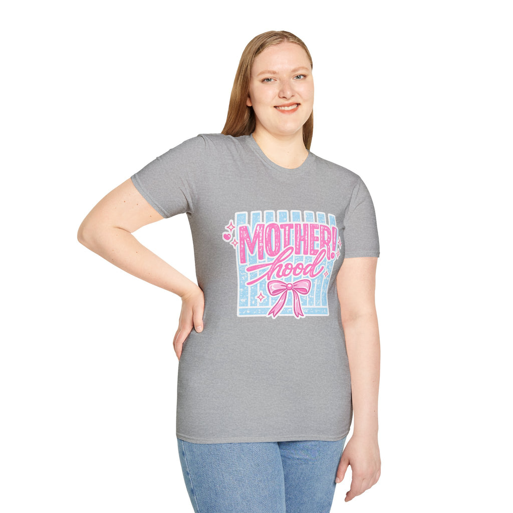 Motherhood Retro Tee — "Mother!hood" Pink & Blue Graphic T-Shirt for New Moms