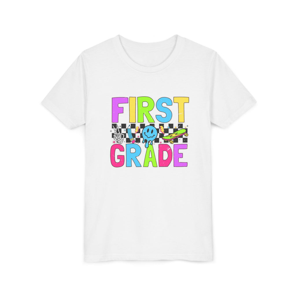 First Grade Youth T‑Shirt — Colorful Checkerboard Smile Back‑to‑School Tee